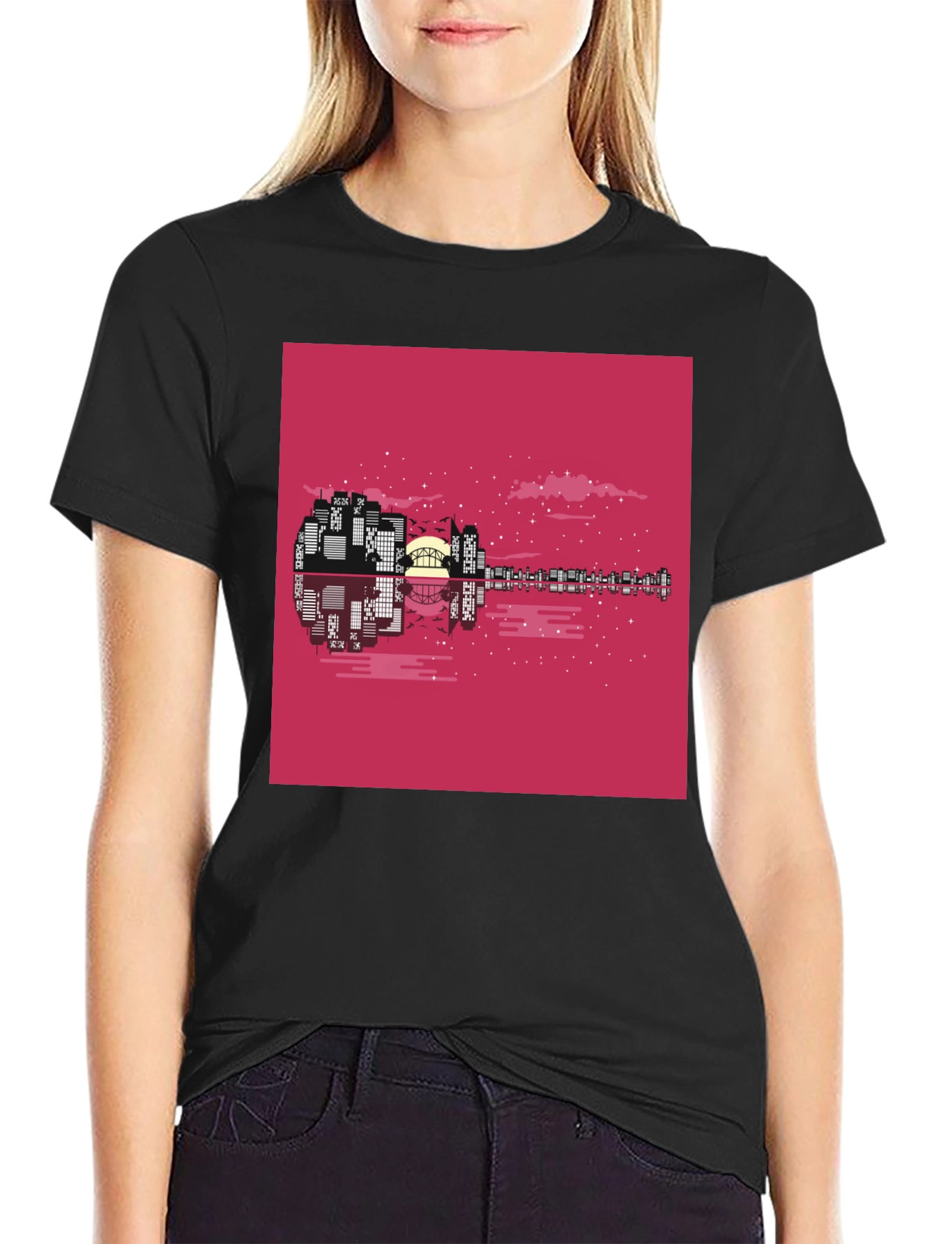 Cityscape Guitar Graphic Tee - Black Cotton Blend