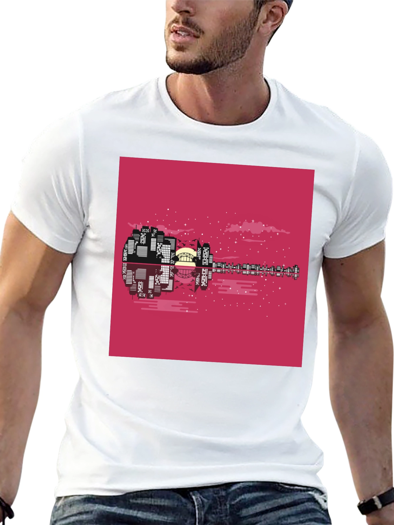 Cityscape Guitar Graphic Tee - Black Cotton Blend