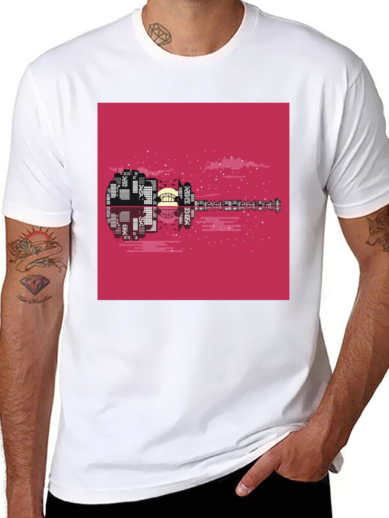 Cityscape Guitar Graphic Tee - Black Cotton Blend