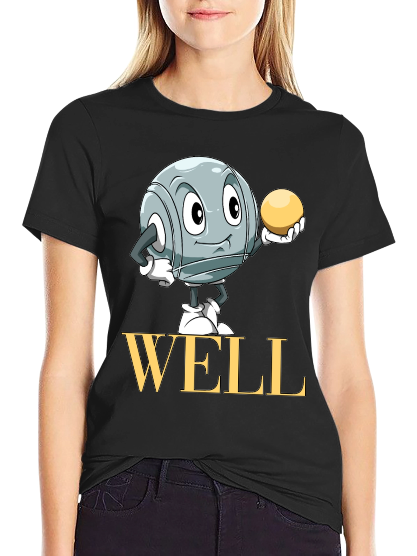 Well T-Shirt with Boules Cartoon Design - Black