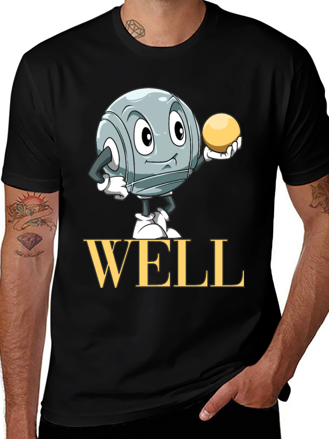Well T-Shirt with Boules Cartoon Design - Black
