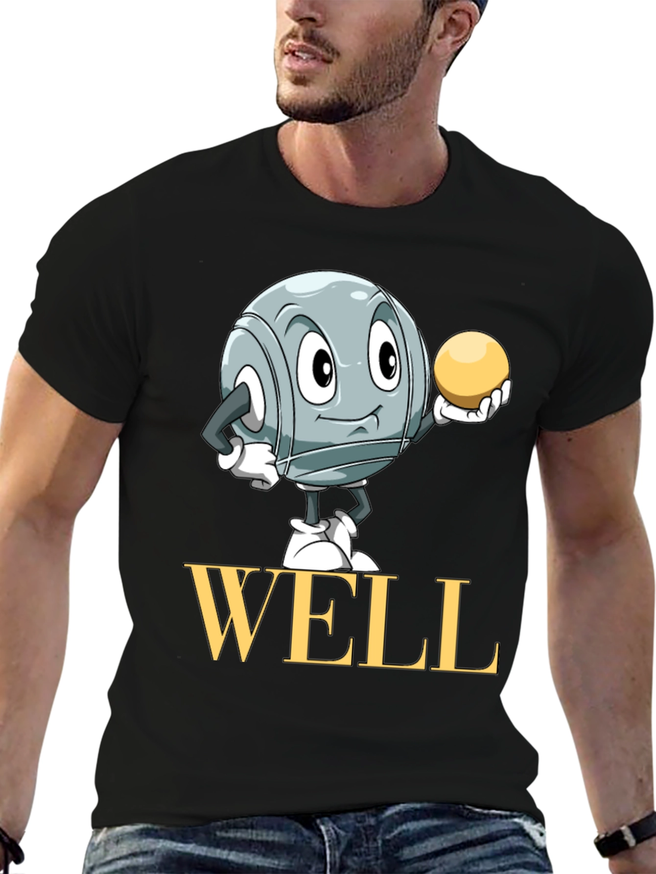 Well T-Shirt with Boules Cartoon Design - Black