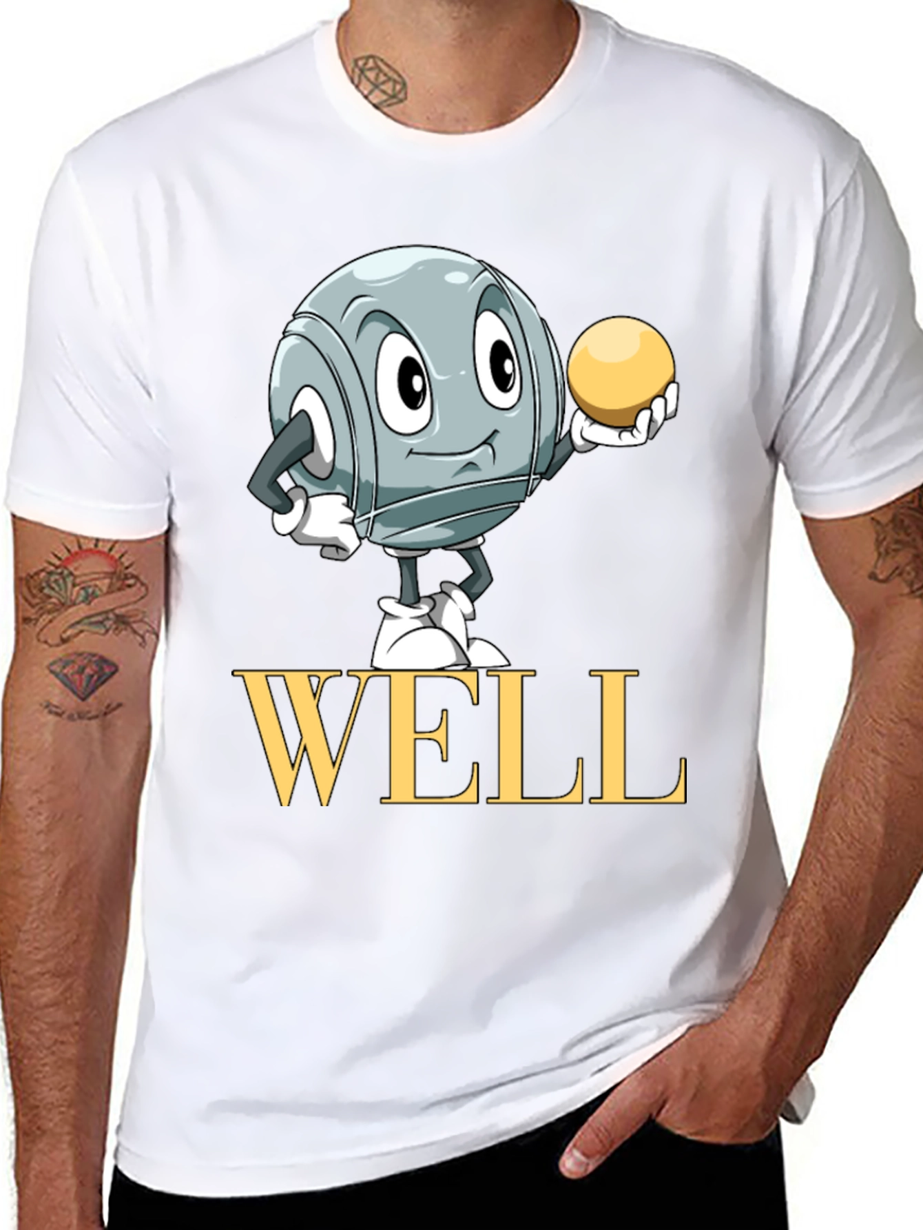Well T-Shirt with Boules Cartoon Design - Black