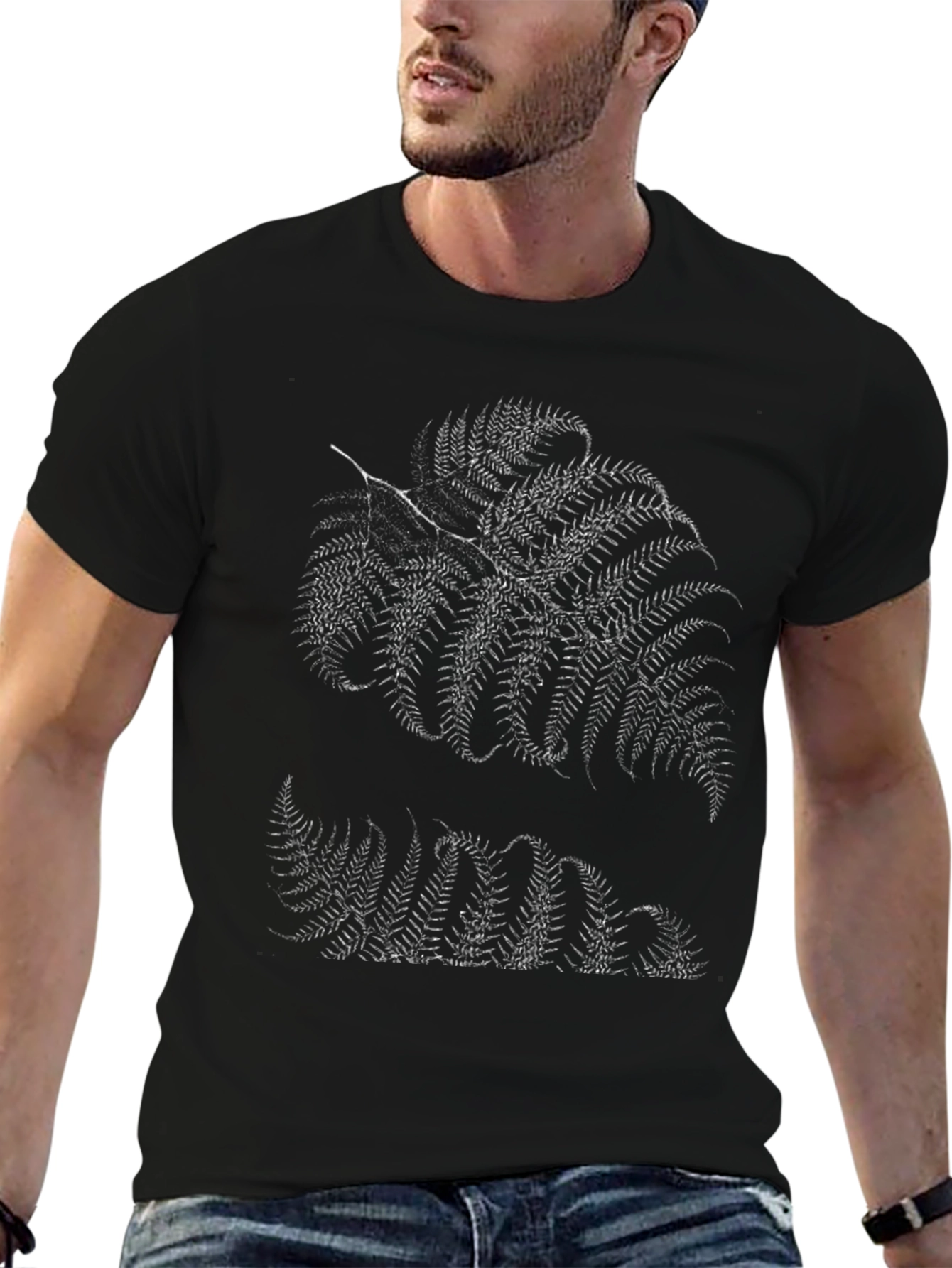 Fern Print Black Tee - Botanical Style
