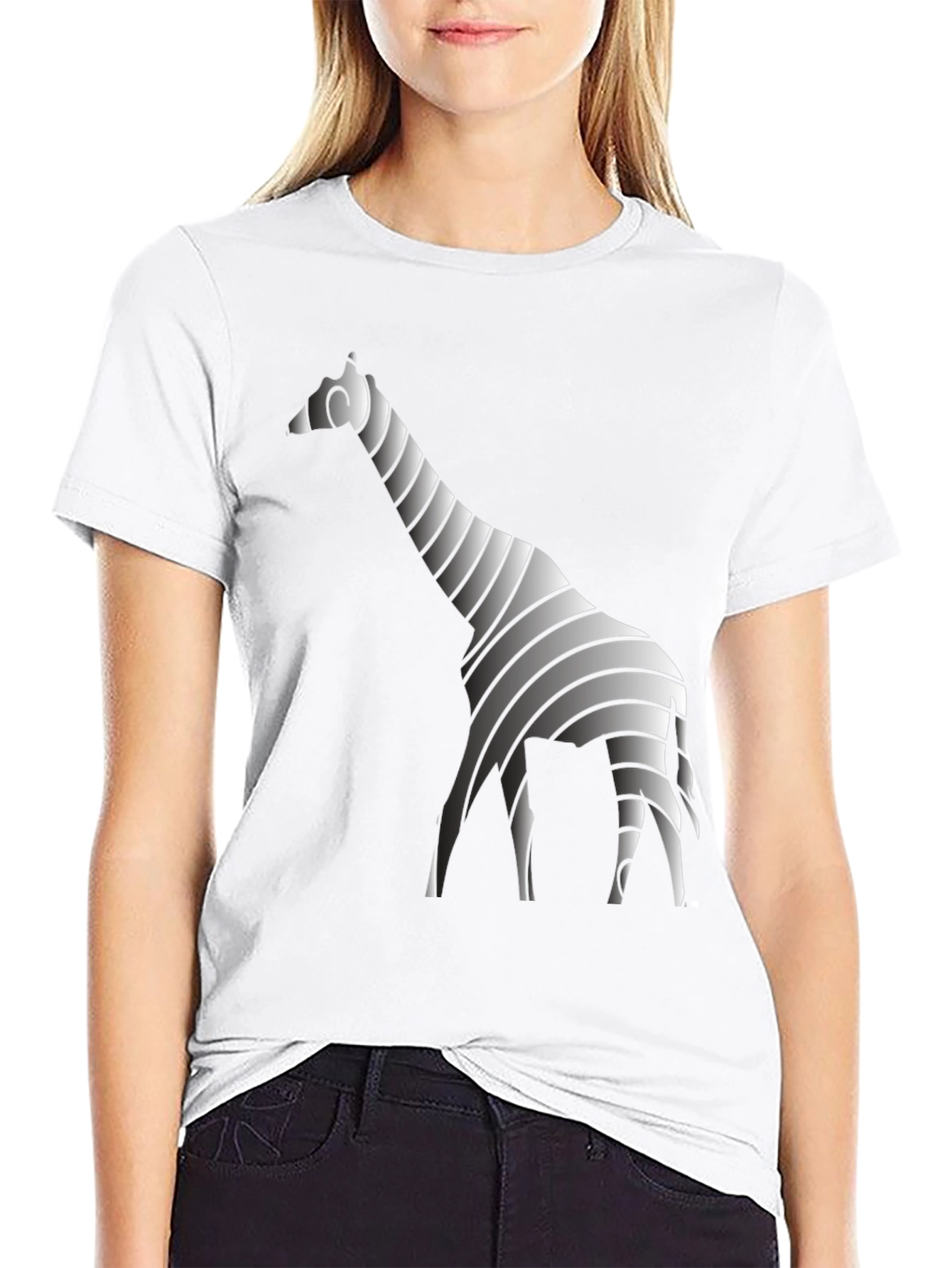 Stylish Striped Giraffe Graphic Tee - Black