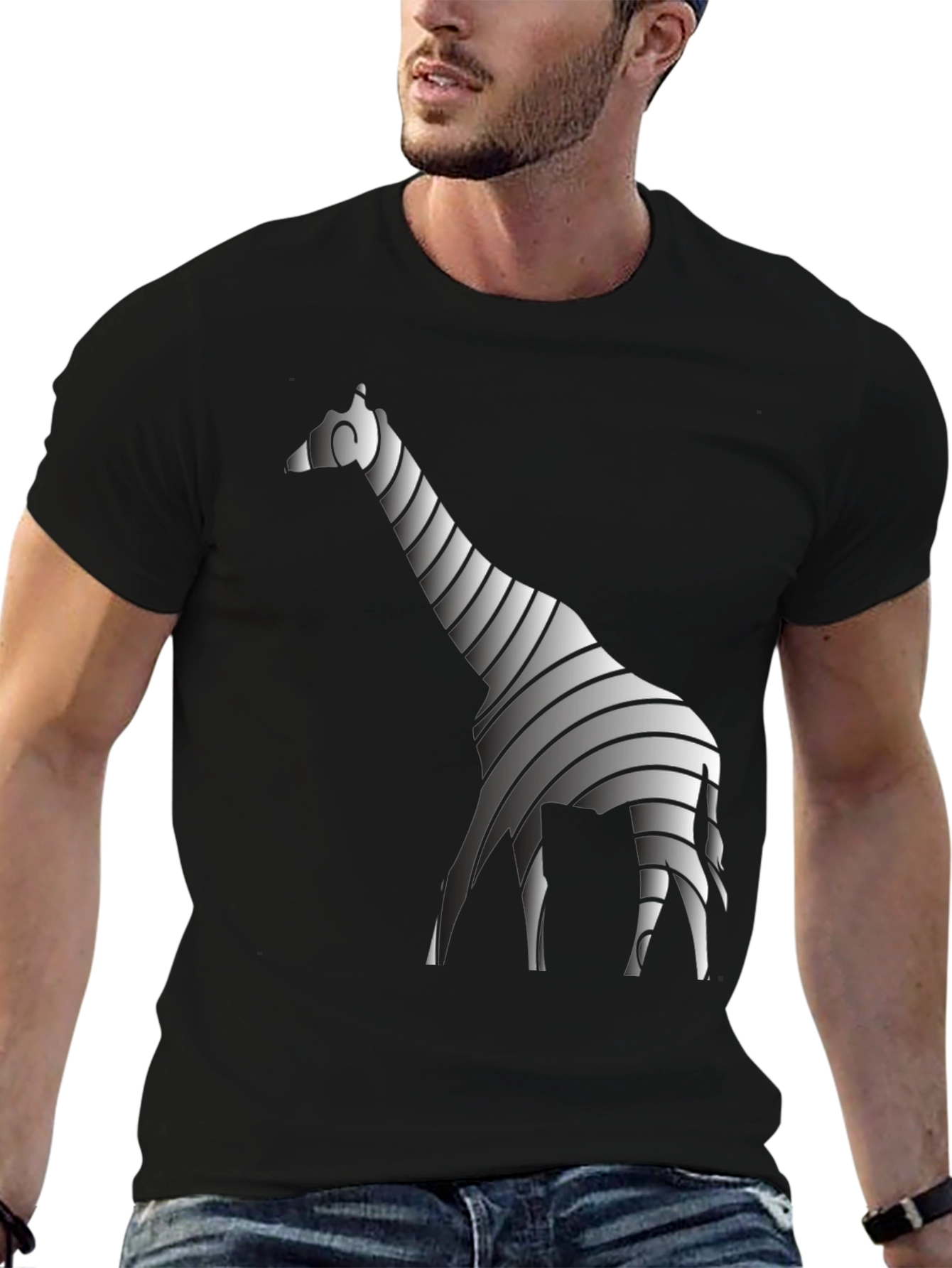 Stylish Striped Giraffe Graphic Tee - Black