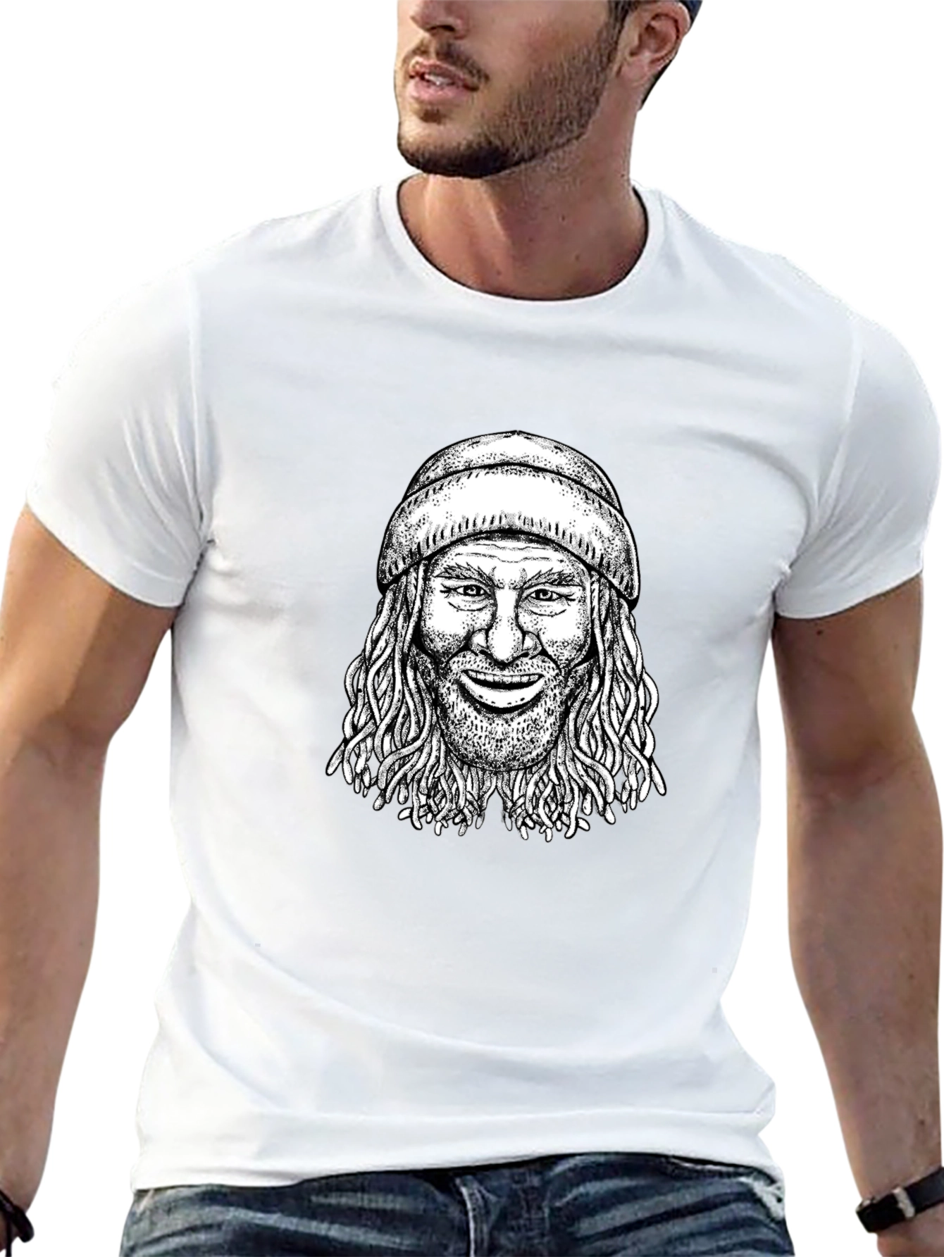 Cool Graphic Tee - Man with Beanie Black T-Shirt
