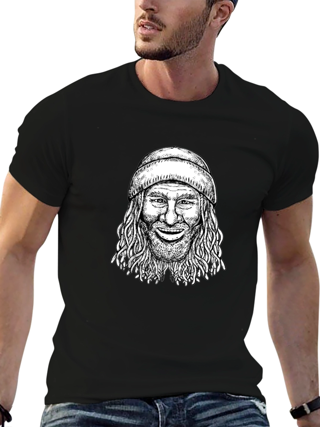 Cool Graphic Tee - Man with Beanie Black T-Shirt
