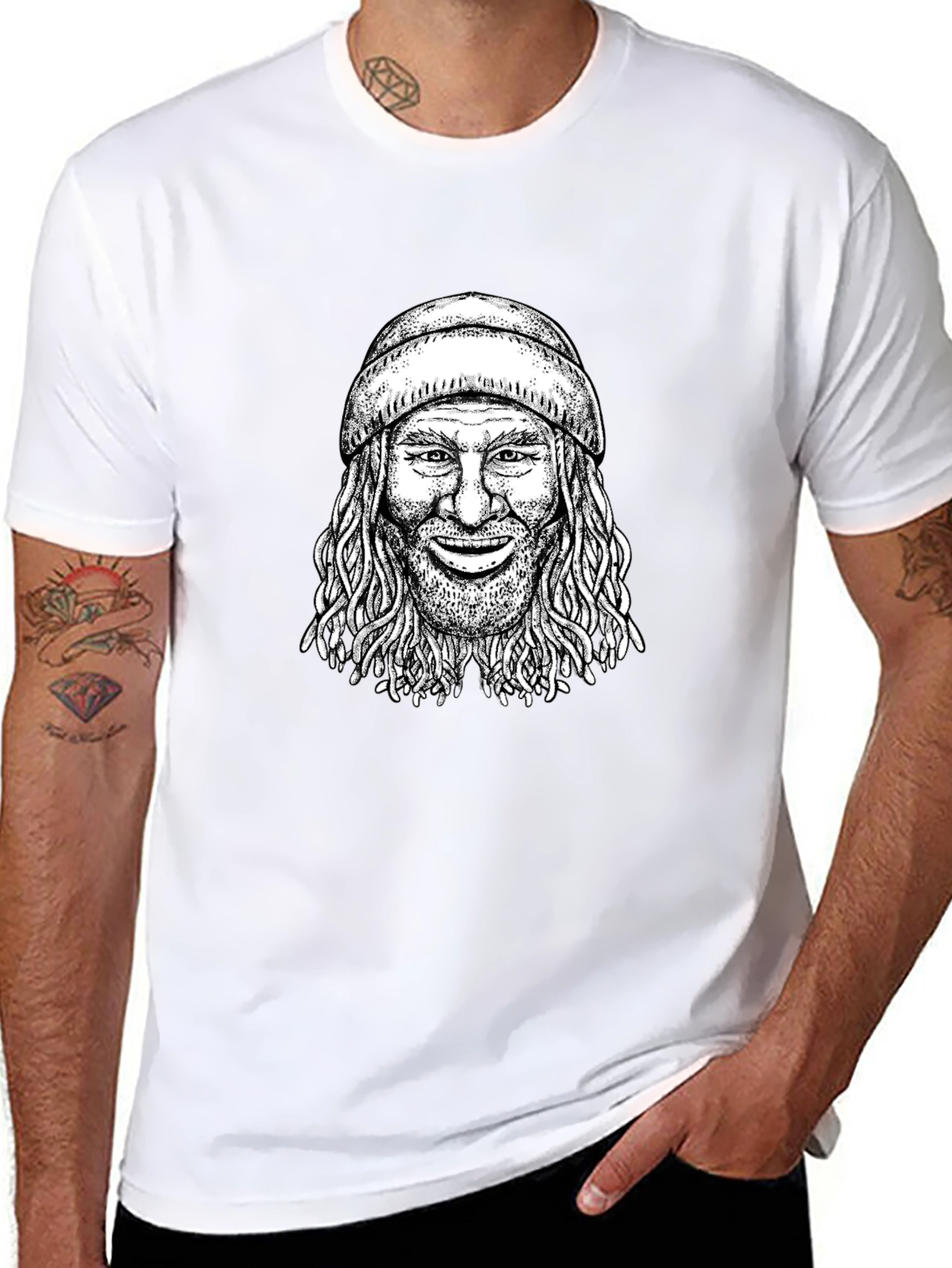 Cool Graphic Tee - Man with Beanie Black T-Shirt