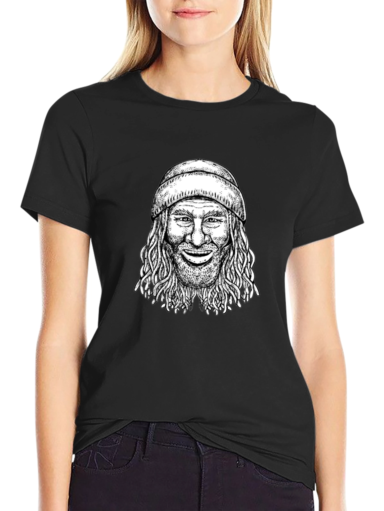 Cool Graphic Tee - Man with Beanie Black T-Shirt