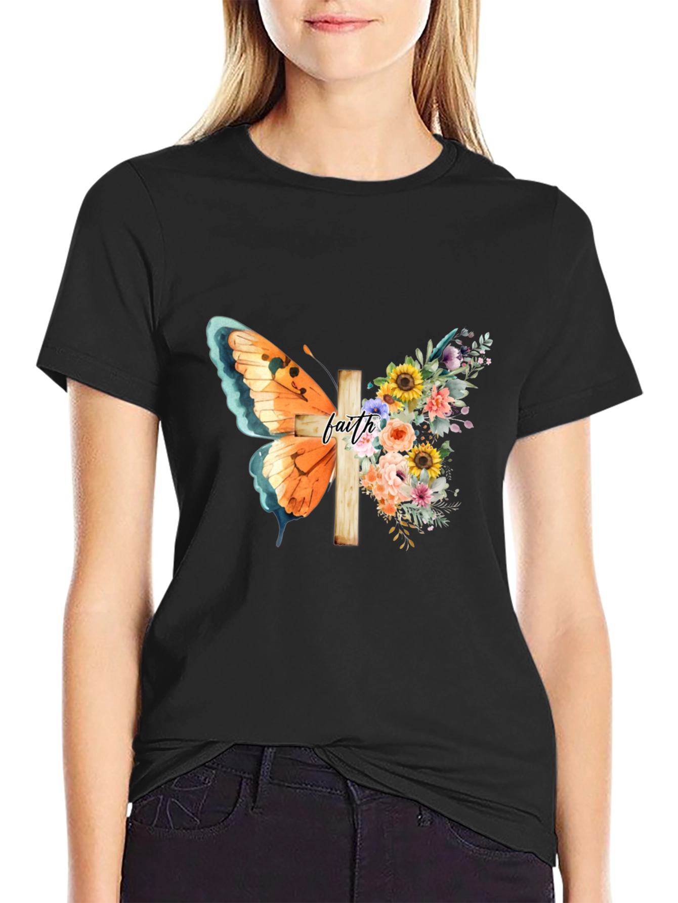 Faith Butterfly Floral Cross Graphic Tee