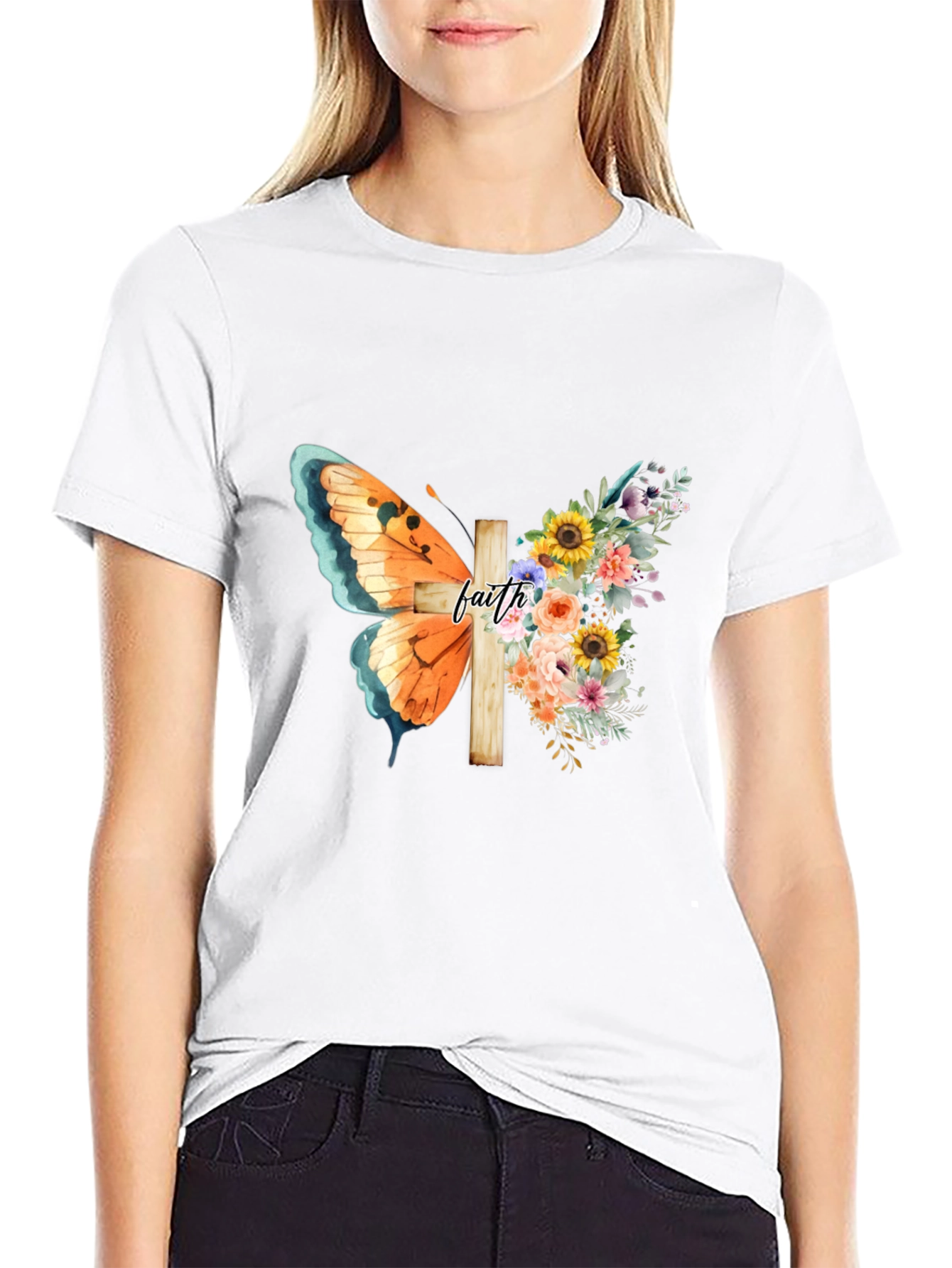 Faith Butterfly Floral Cross Graphic Tee