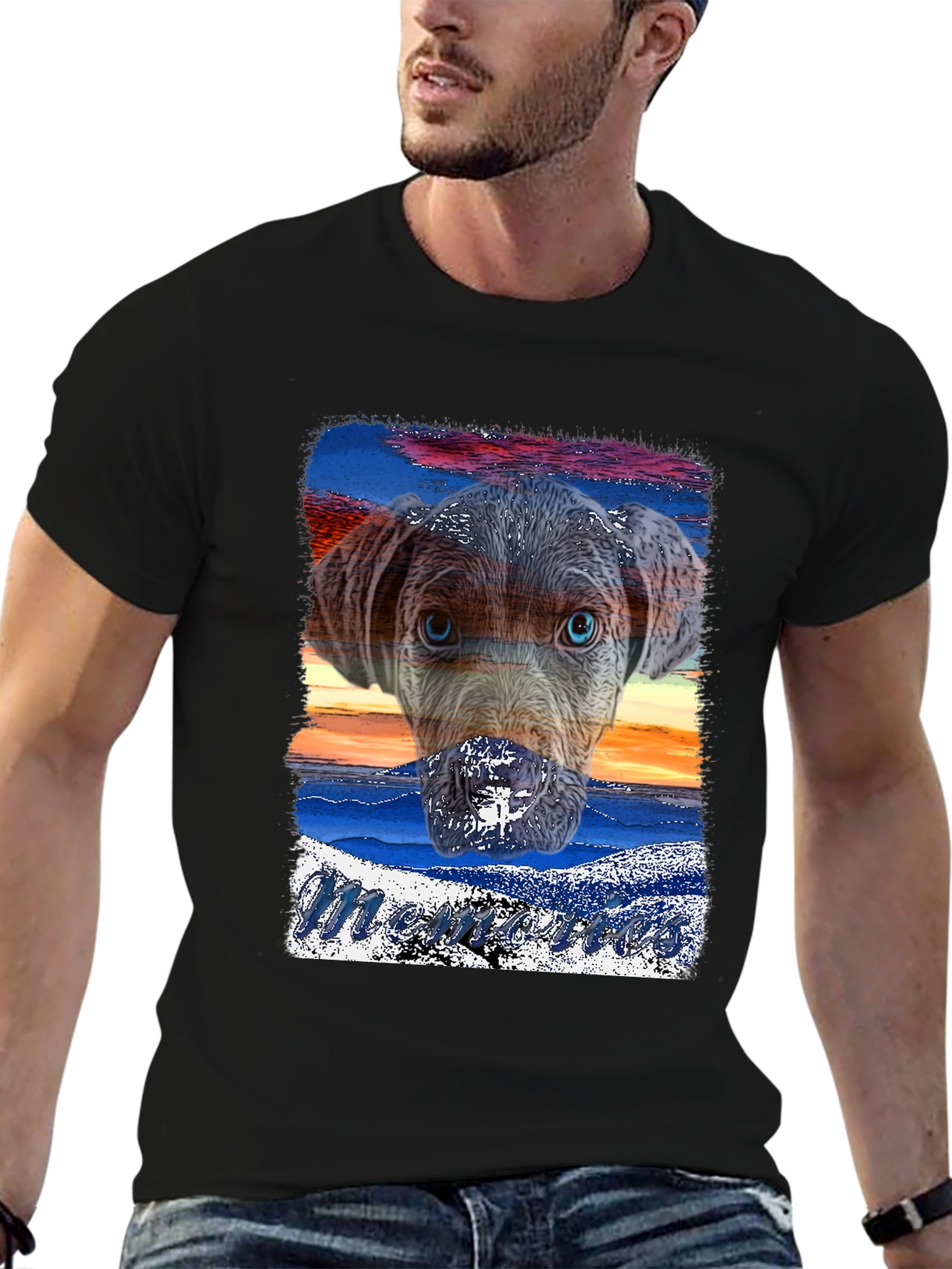 Dog Sunset Graphic Black T-Shirt