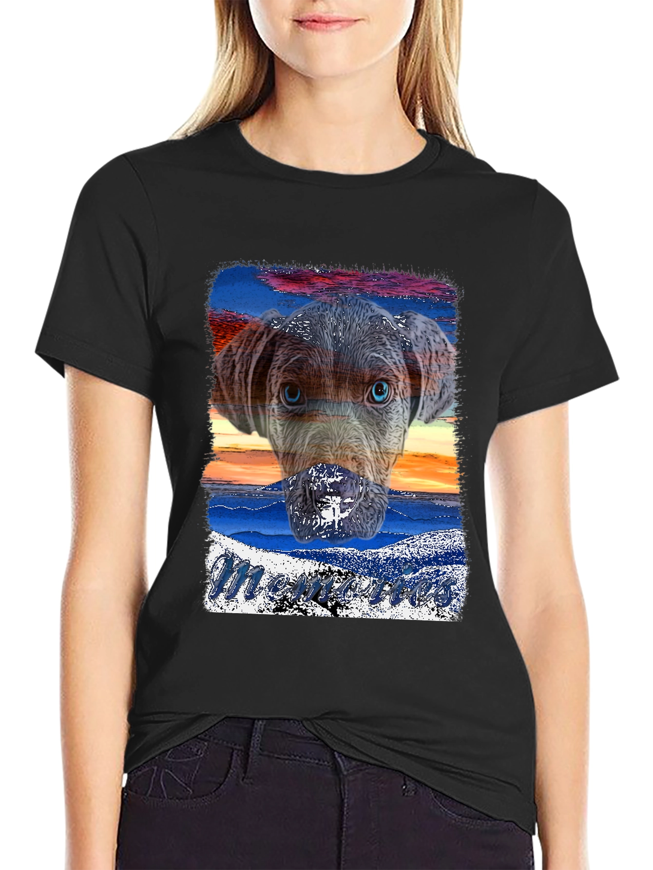 Dog Sunset Graphic Black T-Shirt
