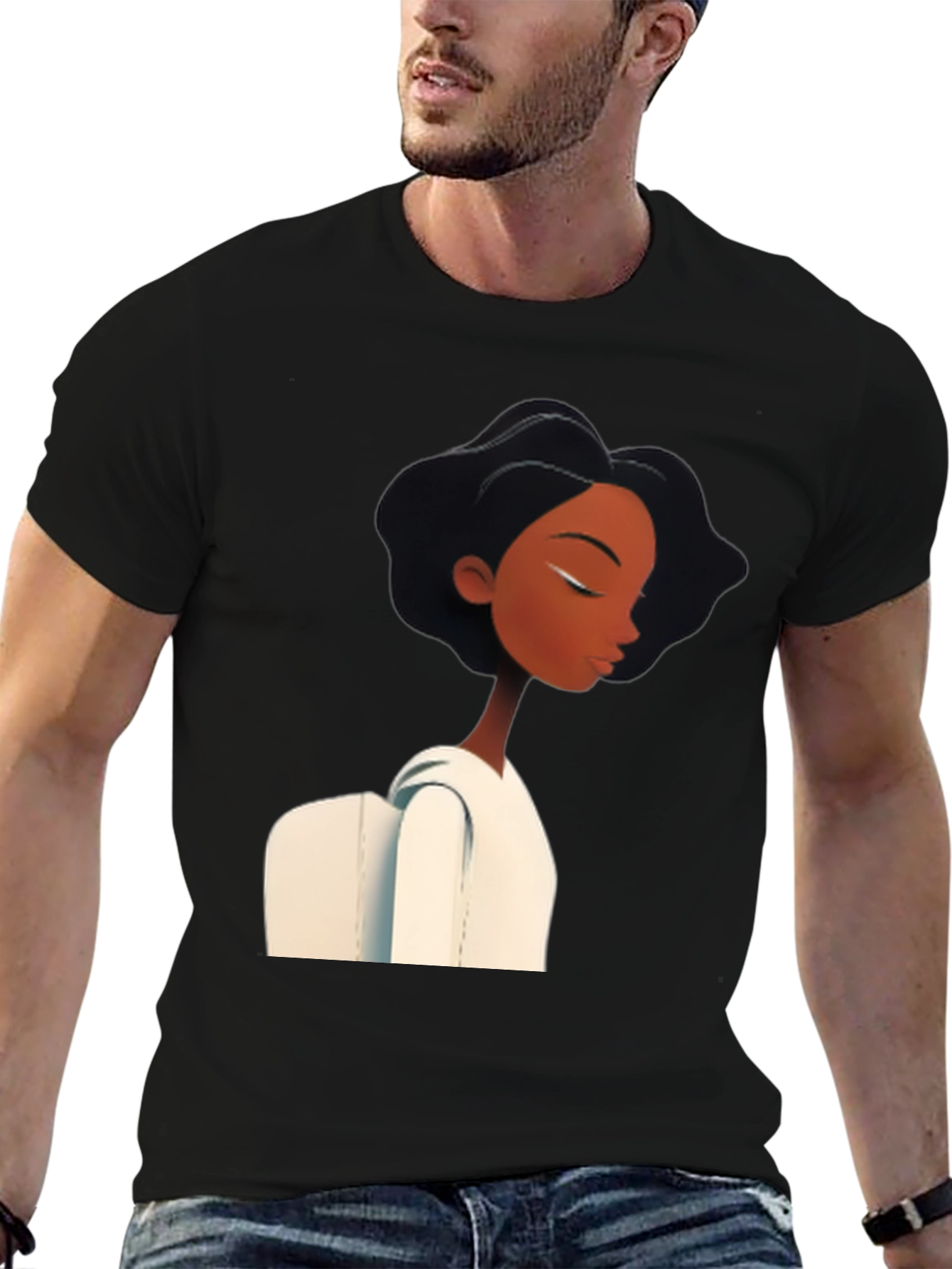 Stylish Black Graphic Tee - Woman with White Collar