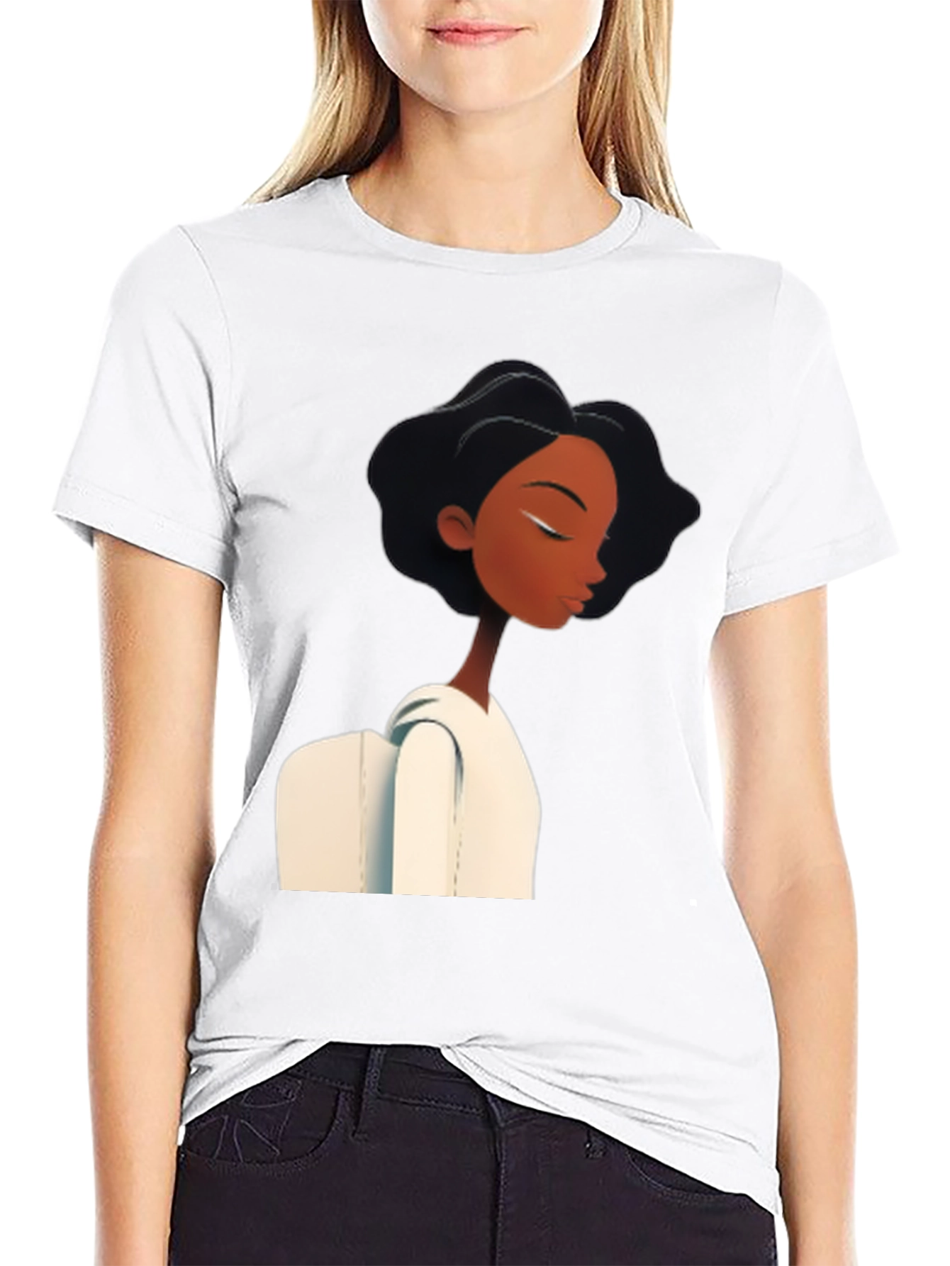 Stylish Black Graphic Tee - Woman with White Collar