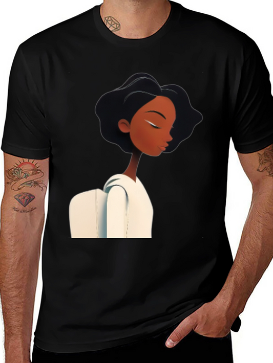 Stylish Black Graphic Tee - Woman with White Collar