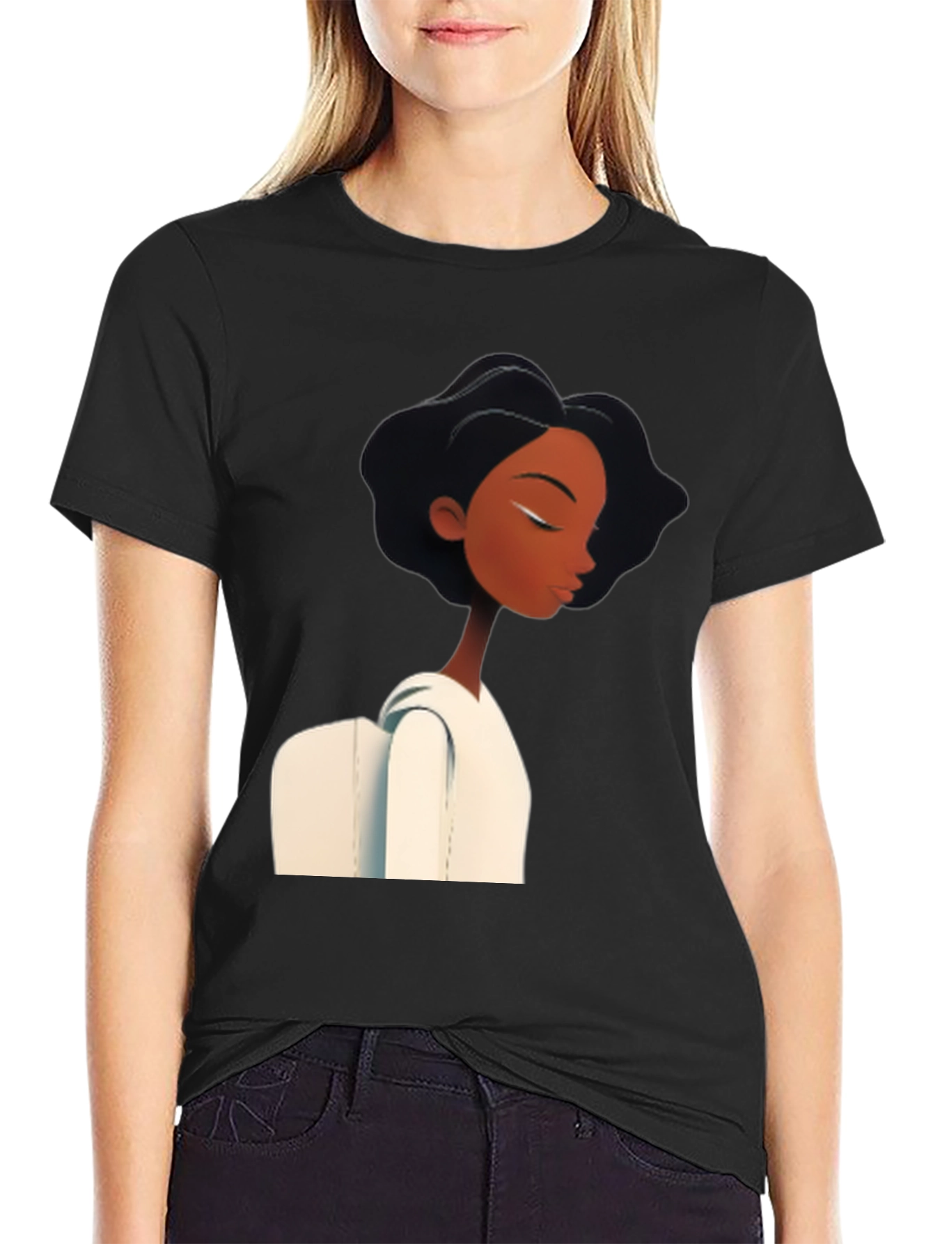 Stylish Black Graphic Tee - Woman with White Collar