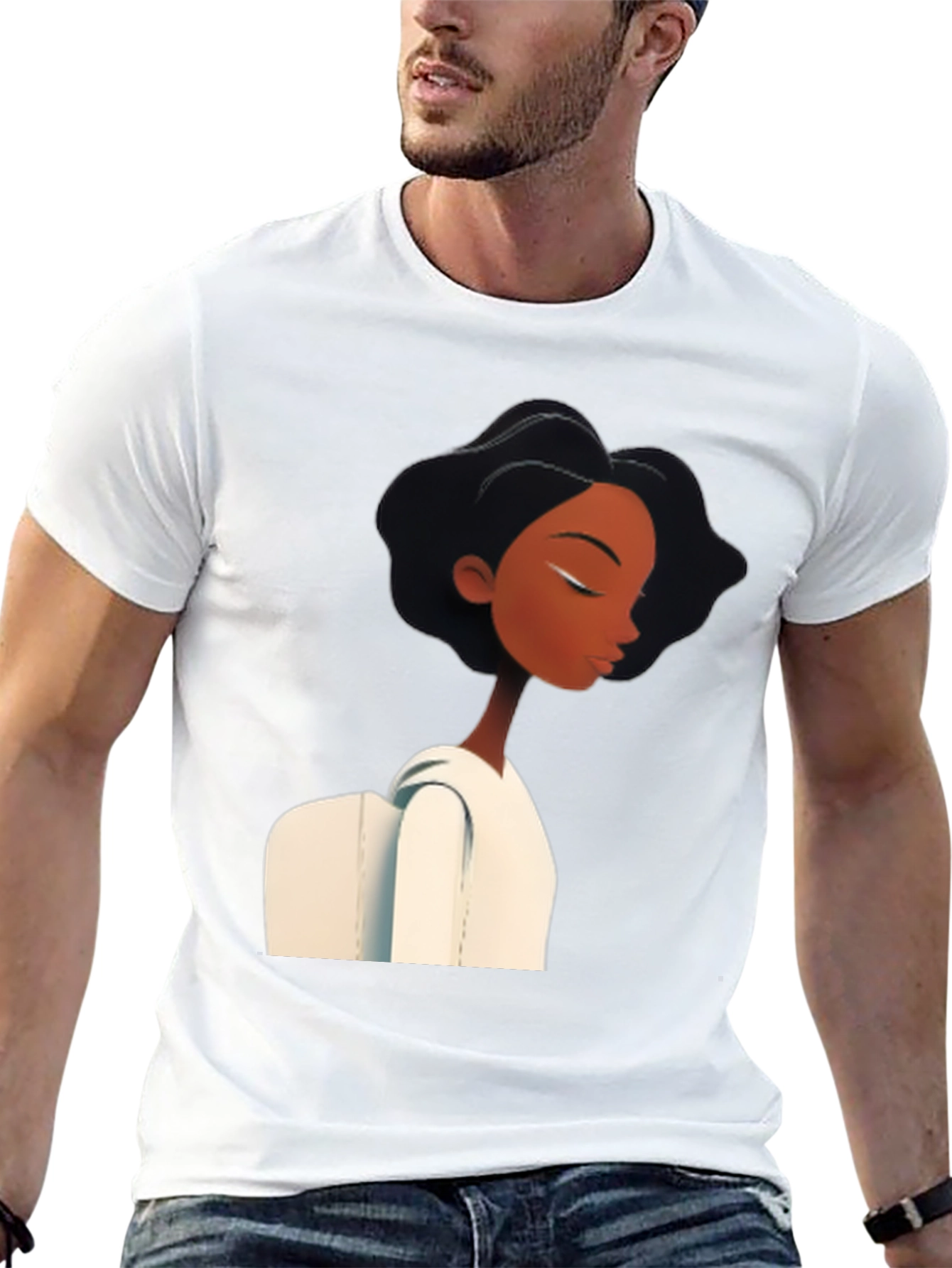Stylish Black Graphic Tee - Woman with White Collar