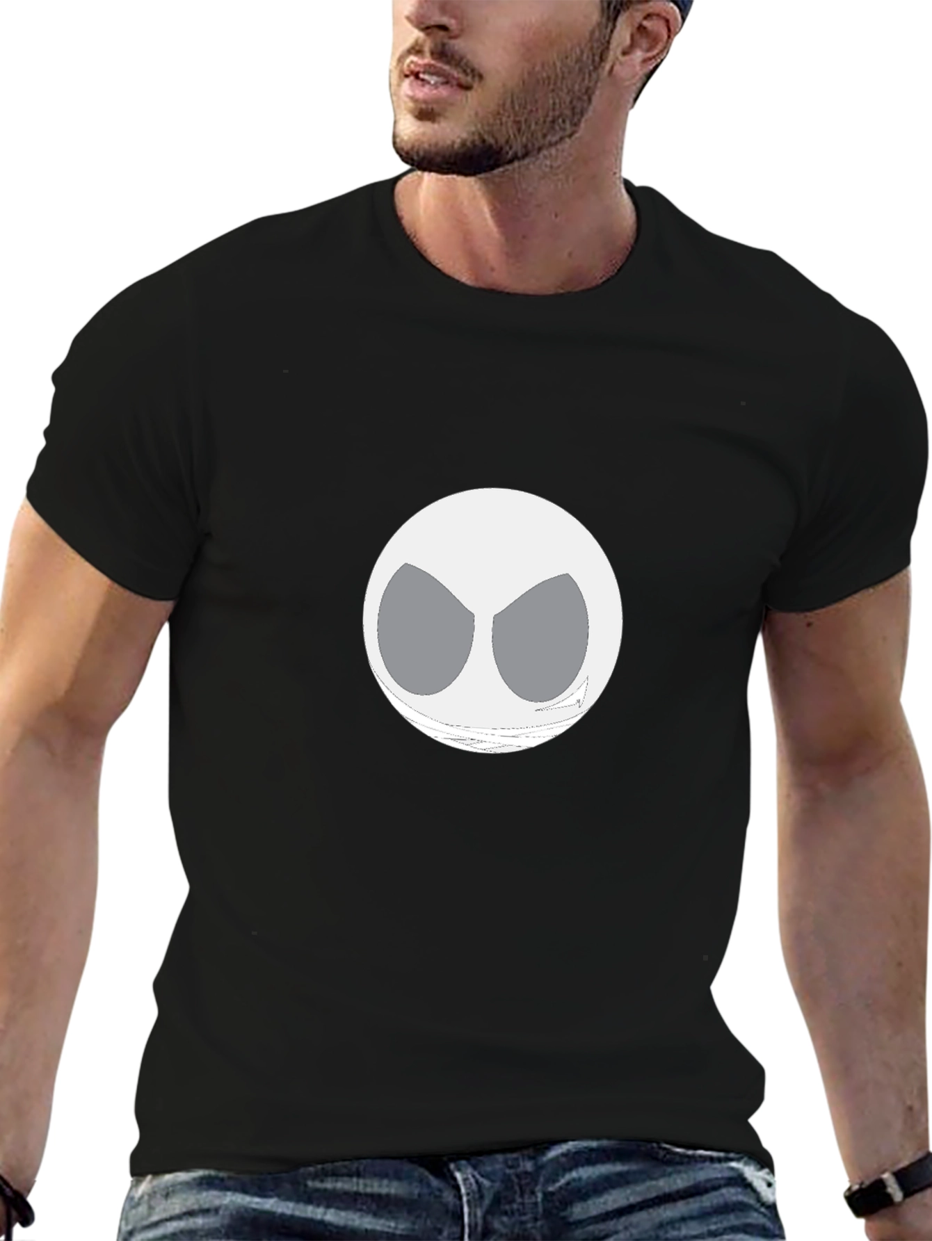 Mens Black Graphic T-Shirt with Unique White Face Design