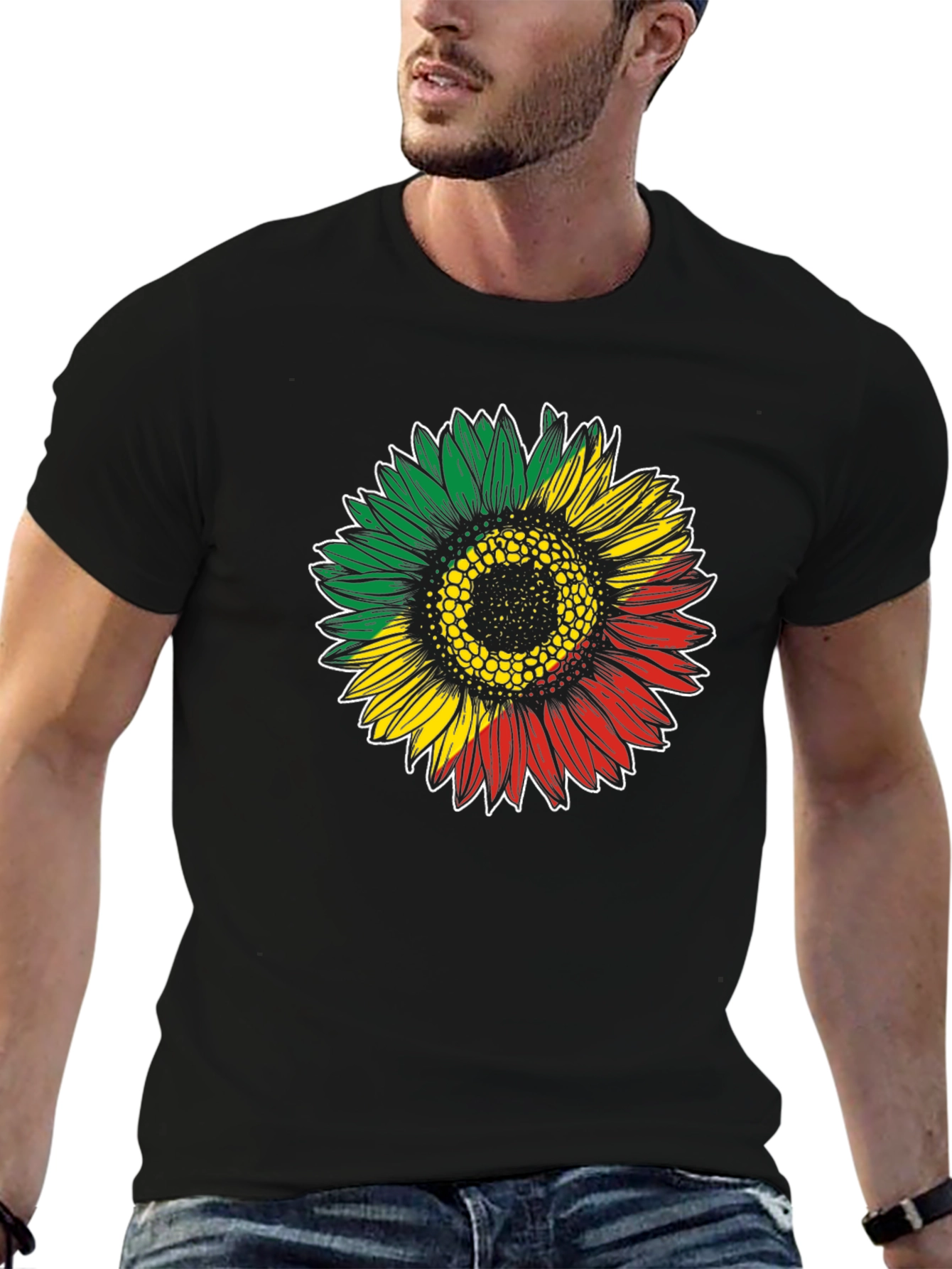 Rasta Sunflower Graphic T-Shirt - Black Cotton Tee