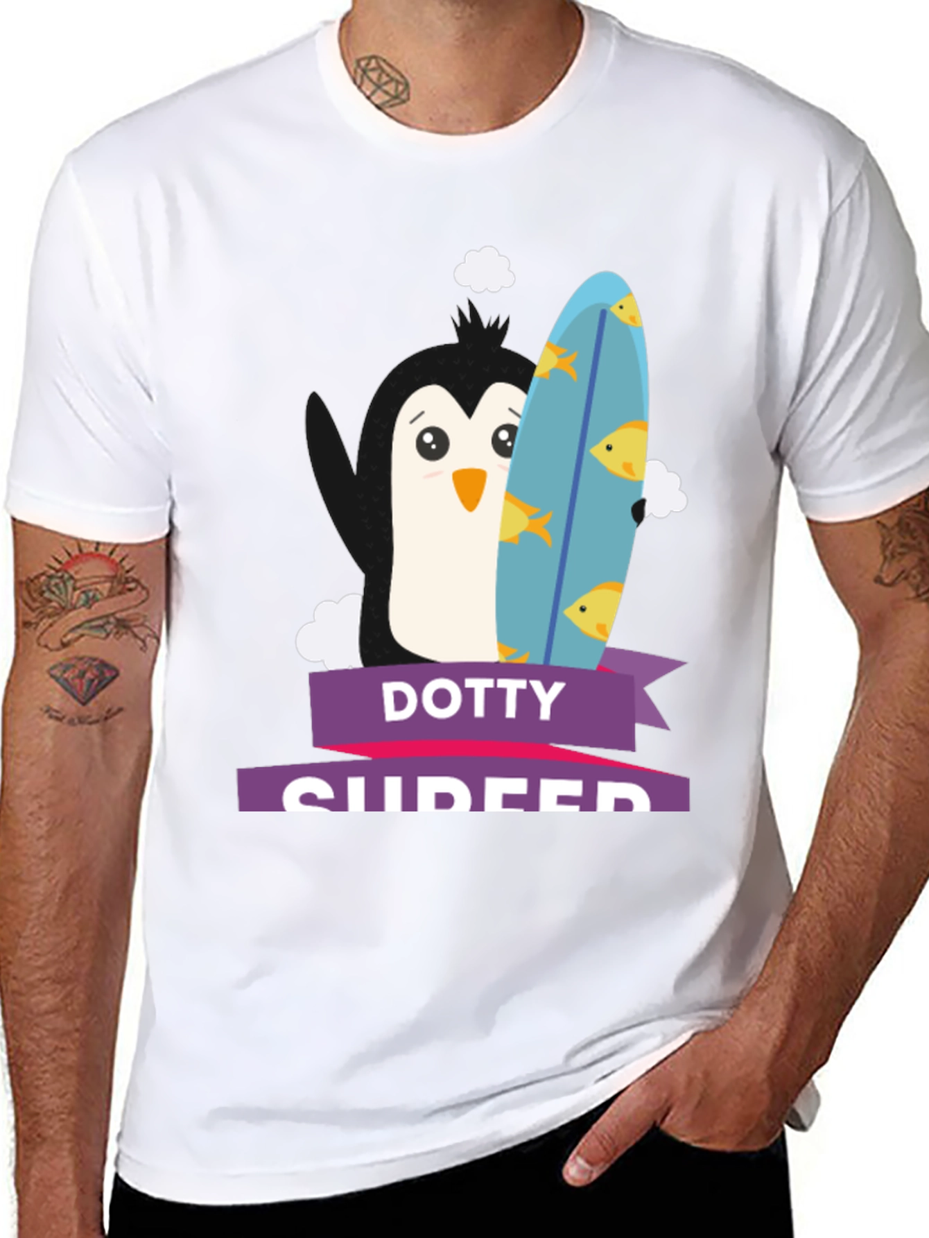 Dotty Surfer T-Shirt - Penguin with Surfboard Tee