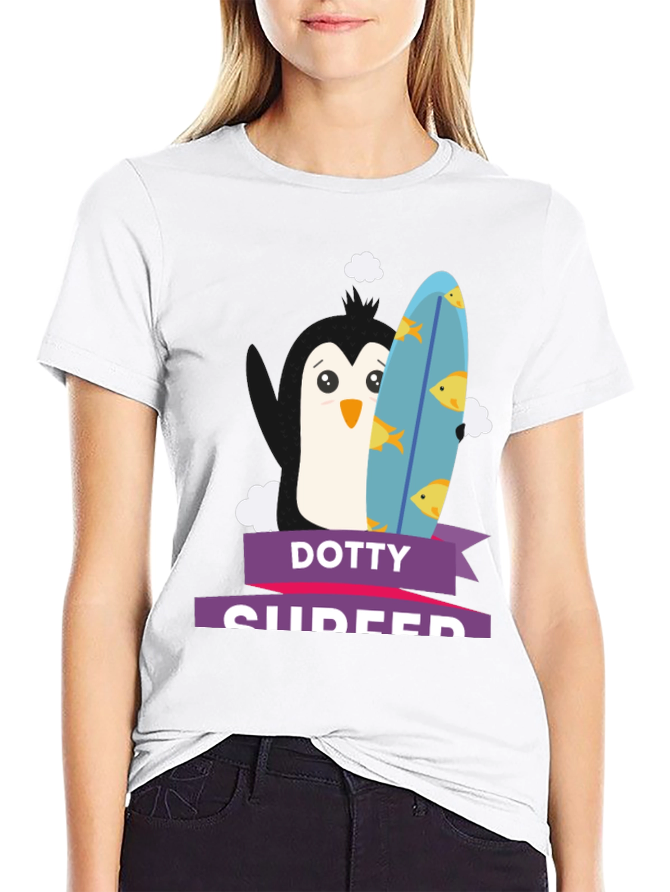 Dotty Surfer T-Shirt - Penguin with Surfboard Tee