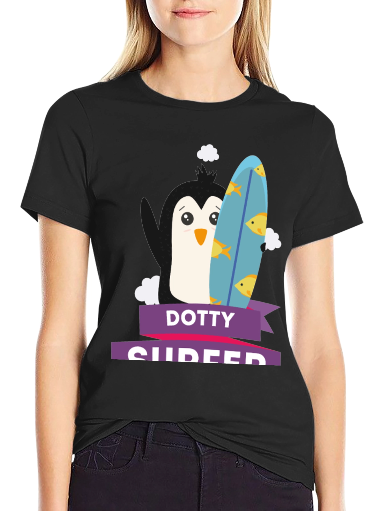 Dotty Surfer T-Shirt - Penguin with Surfboard Tee