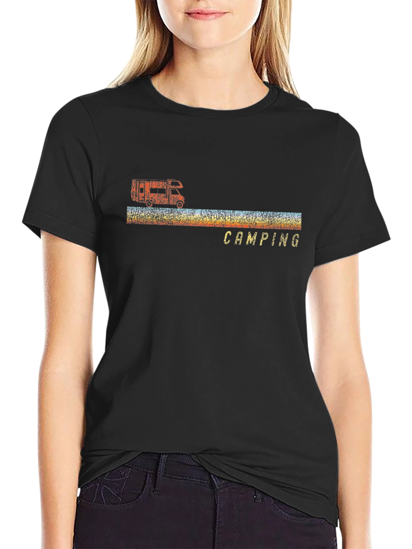 Retro Camping T-Shirt - Black Short Sleeve