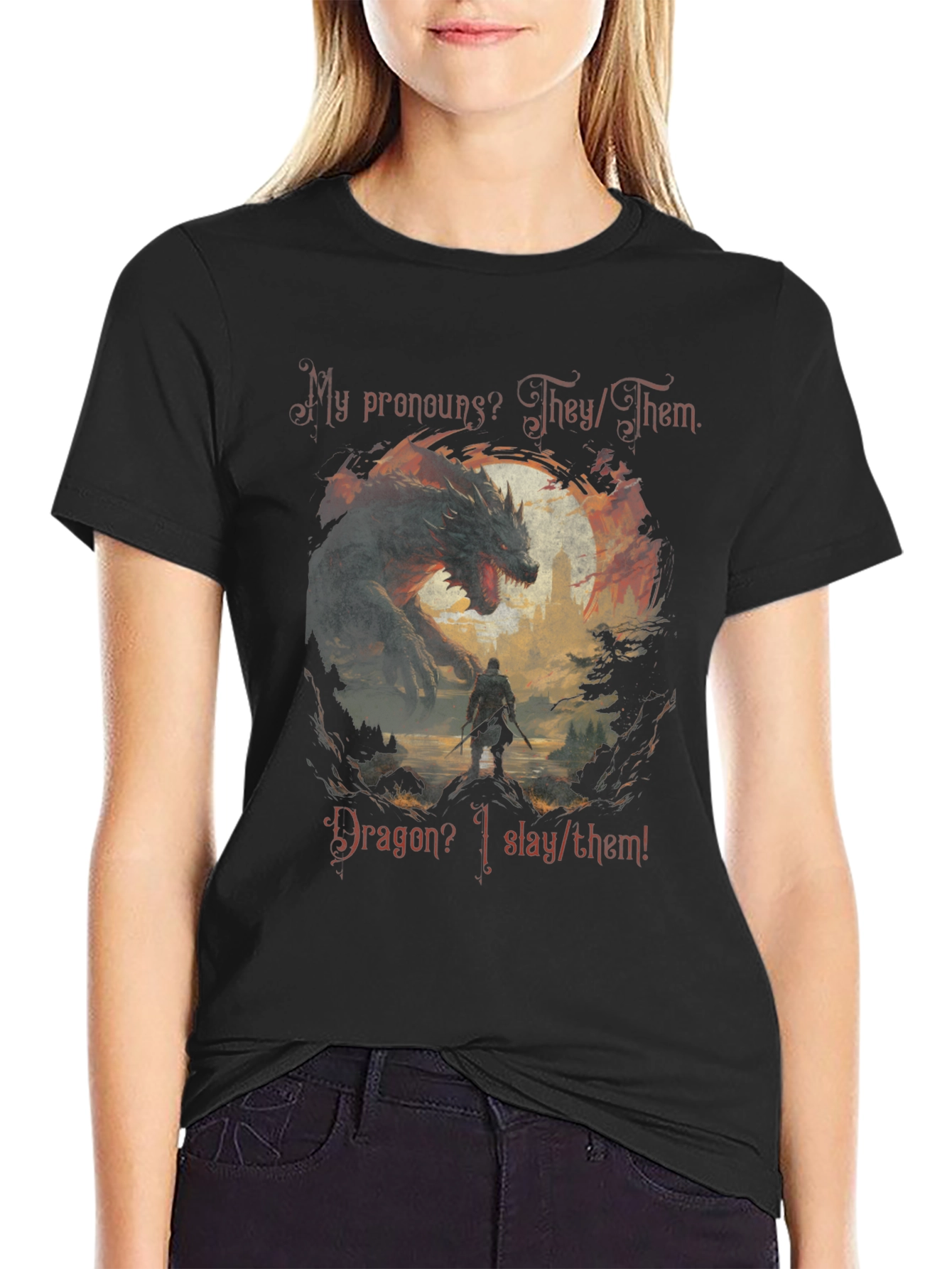 Dragon Slayer Pronoun T-Shirt - They/Them Fantasy Tee