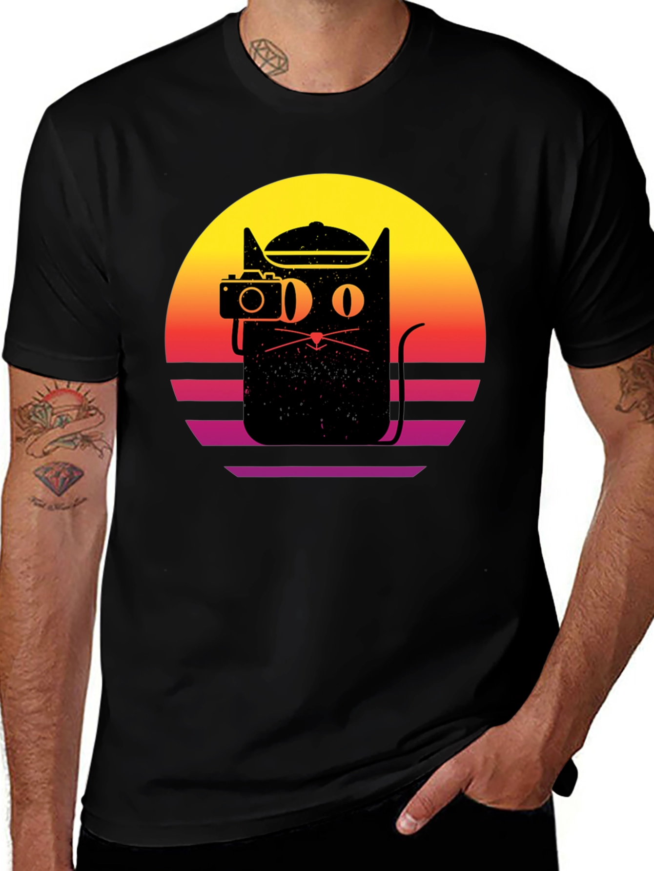 Retro Cat Photographer Black T-Shirt
