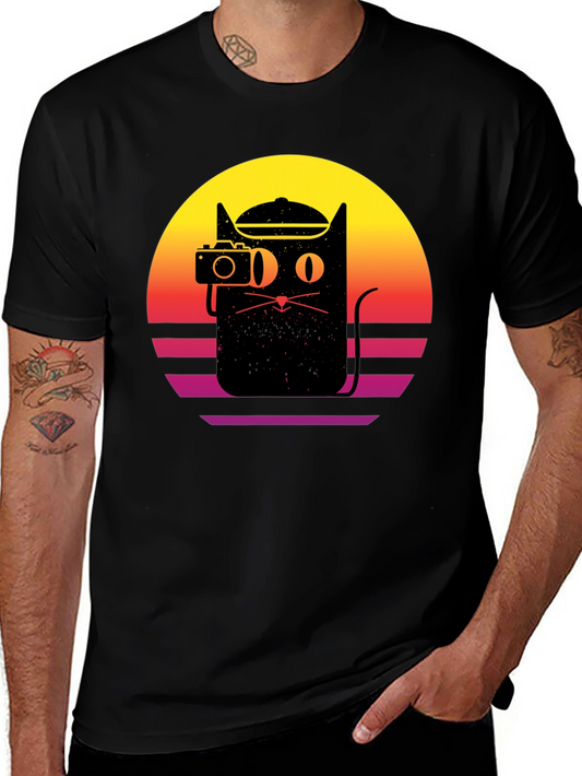 Retro Cat Photographer Black T-Shirt