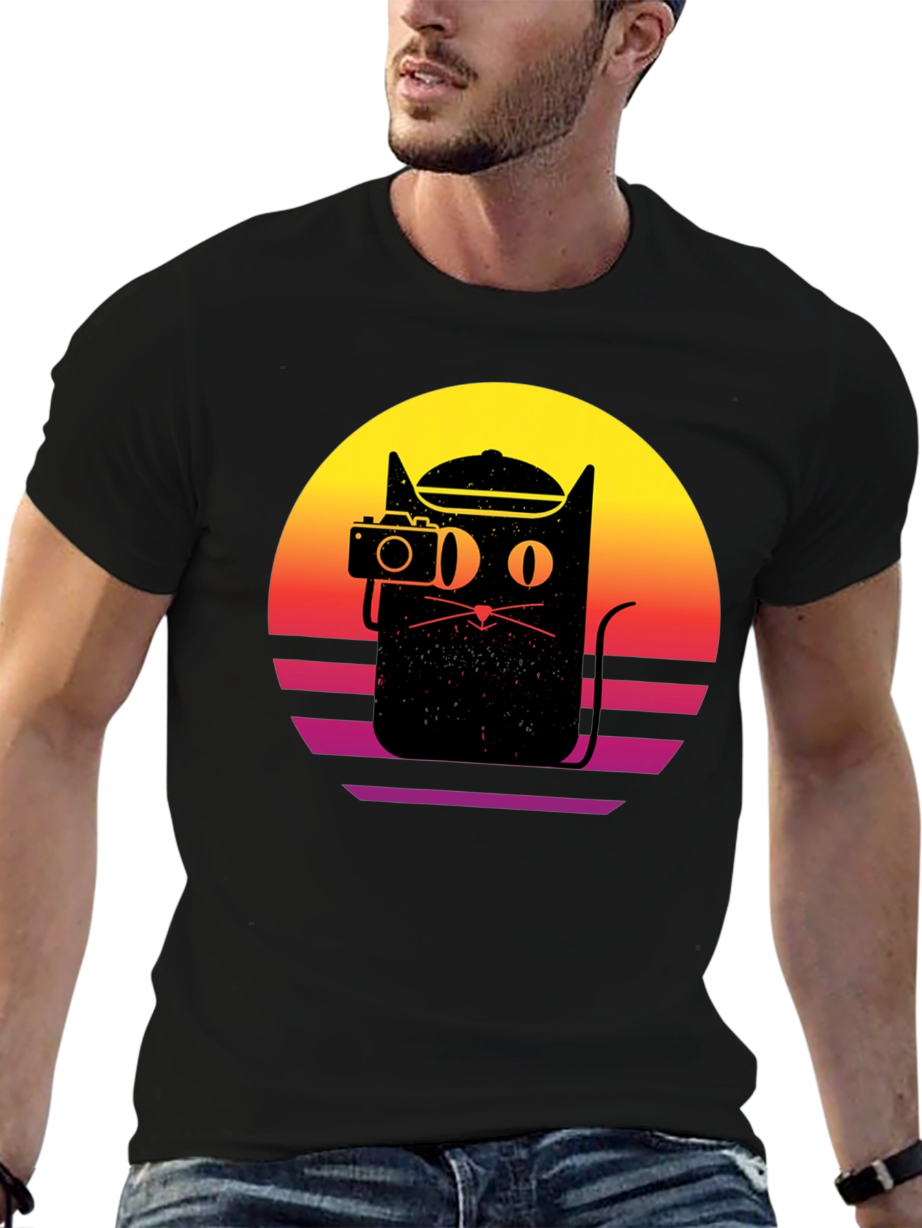 Retro Cat Photographer Black T-Shirt