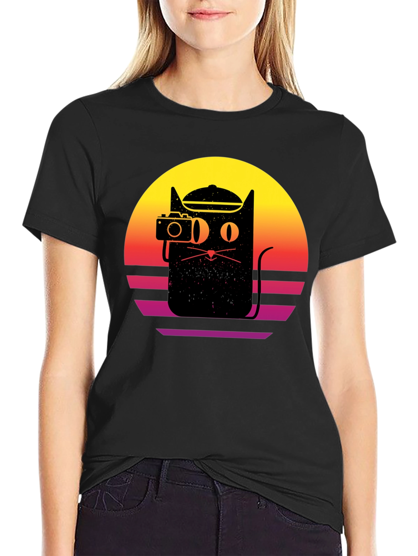 Retro Cat Photographer Black T-Shirt
