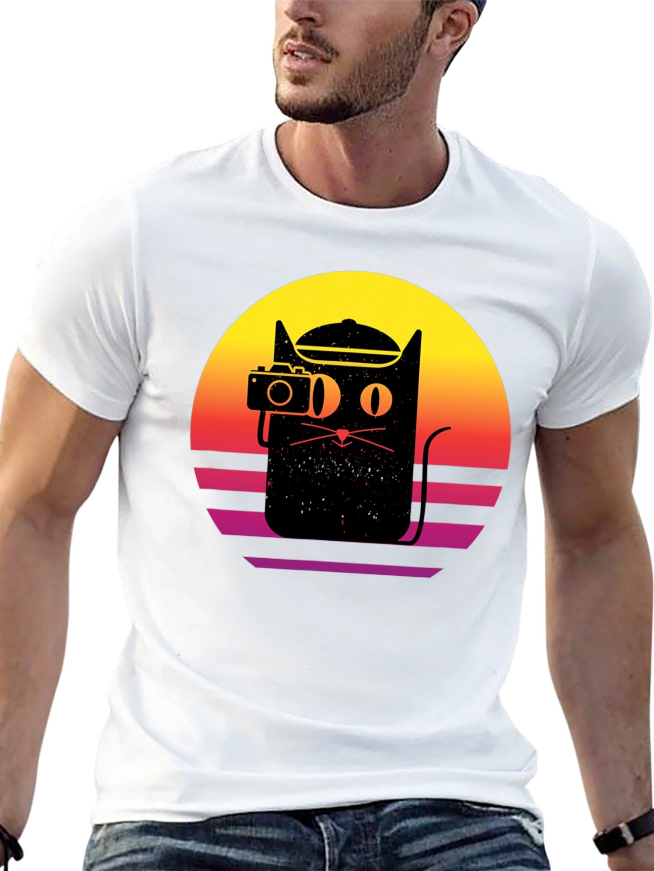 Retro Cat Photographer Black T-Shirt