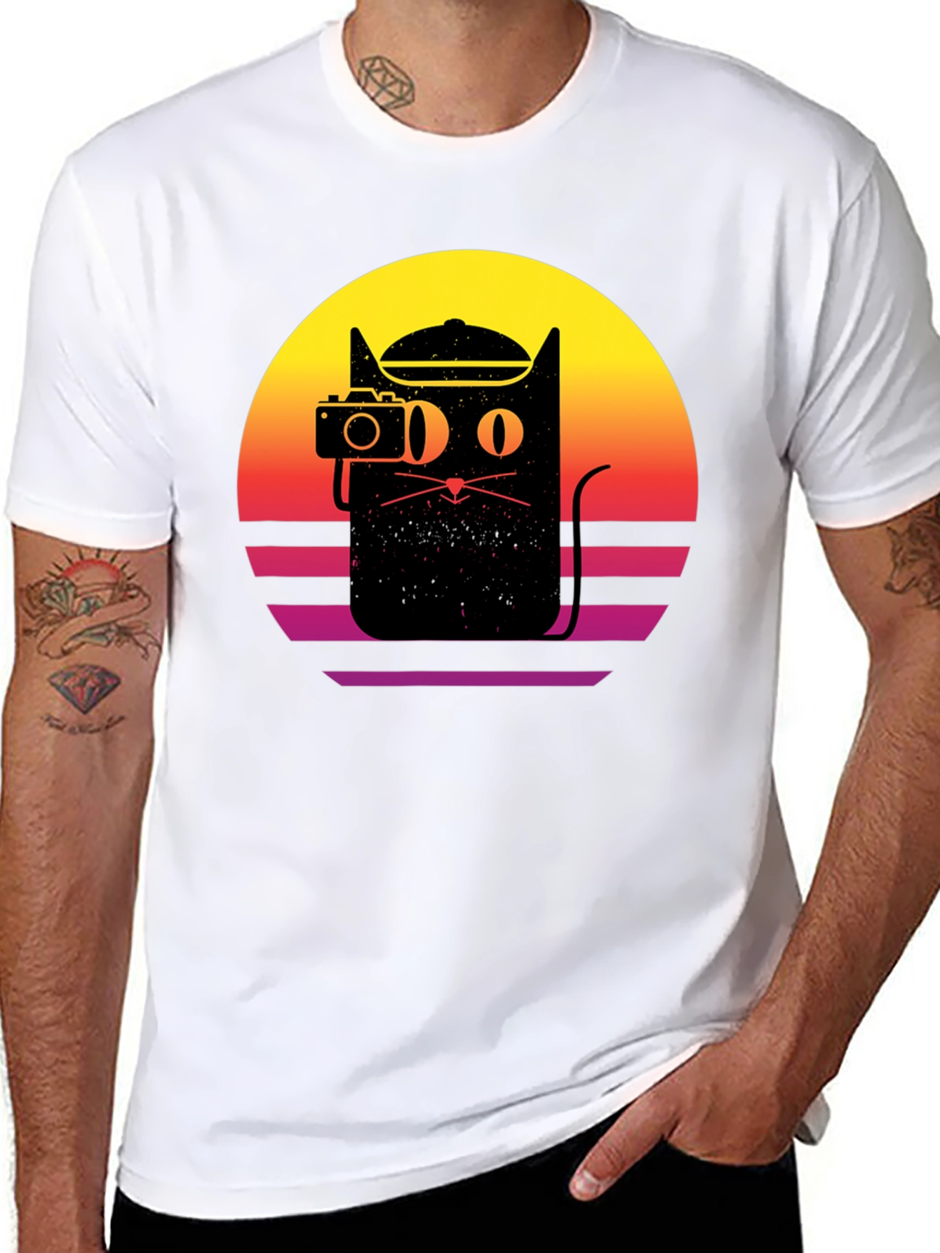 Retro Cat Photographer Black T-Shirt