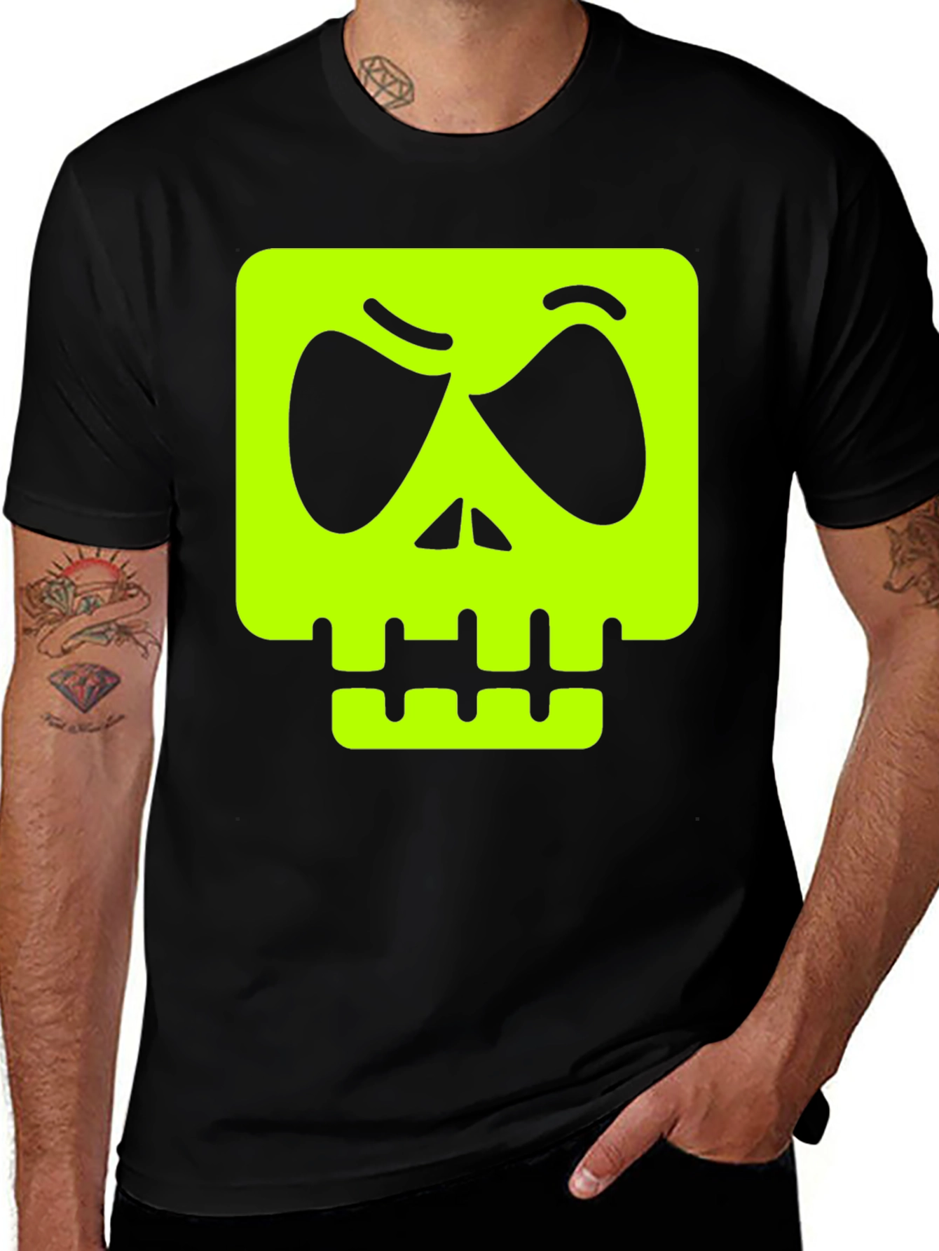 Mens Black T-shirt with Neon Green Skull Graphic