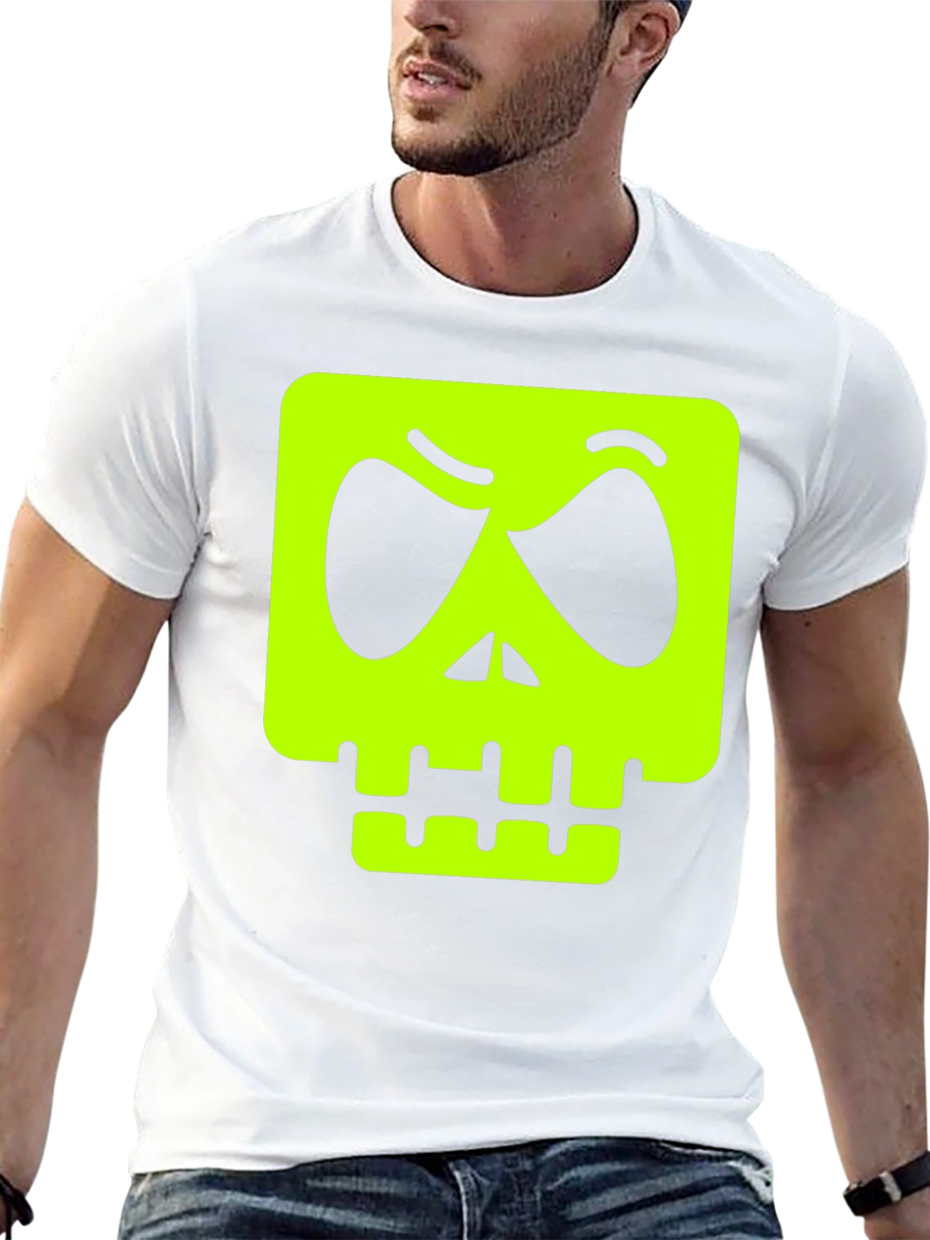 Mens Black T-shirt with Neon Green Skull Graphic