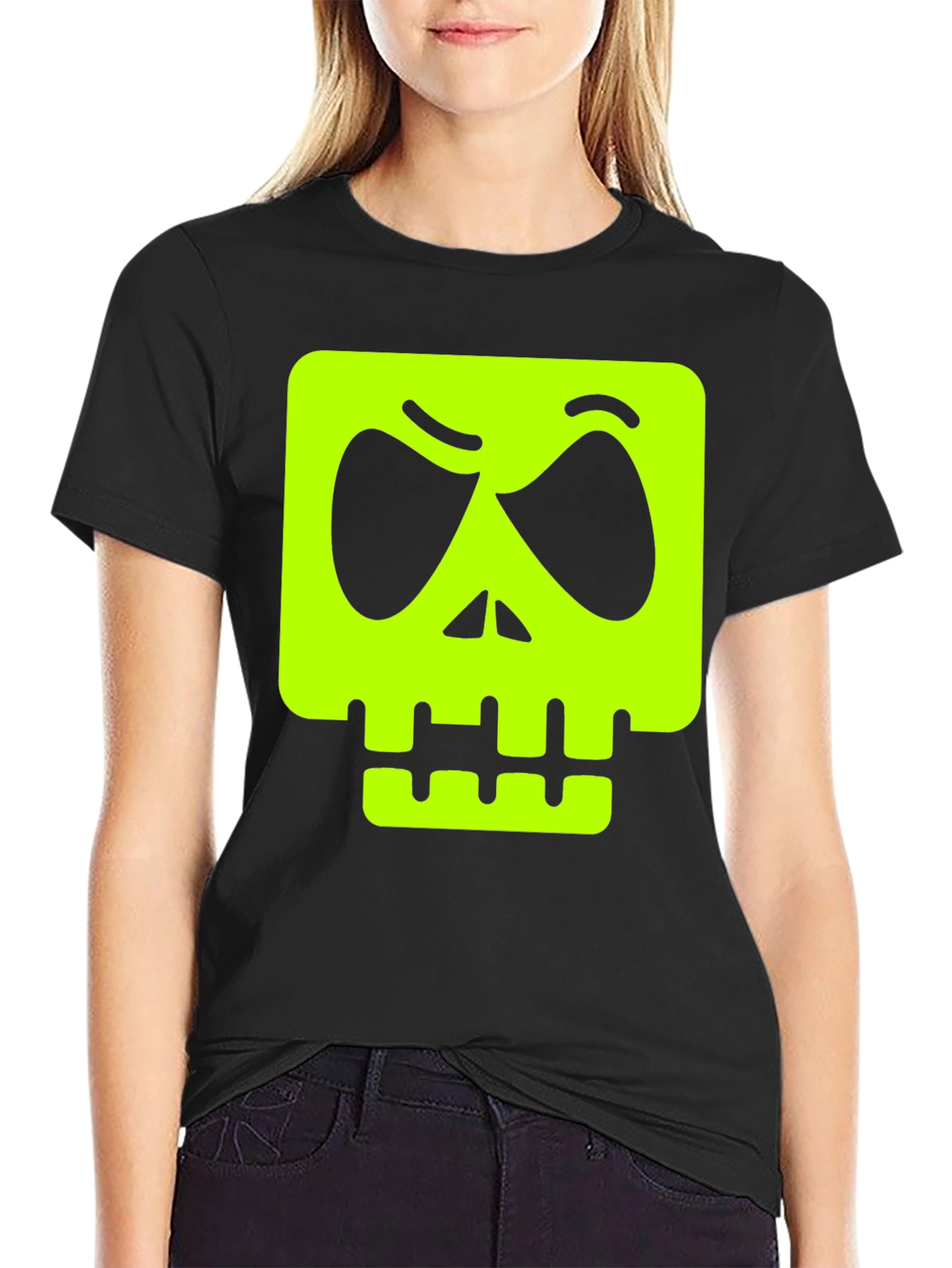 Mens Black T-shirt with Neon Green Skull Graphic