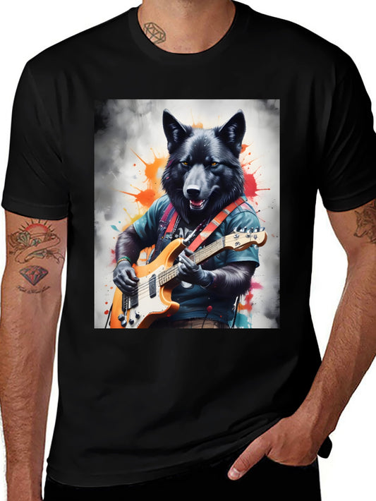 Wolf Guitarist Graphic Tee - Black Unisex T-Shirt