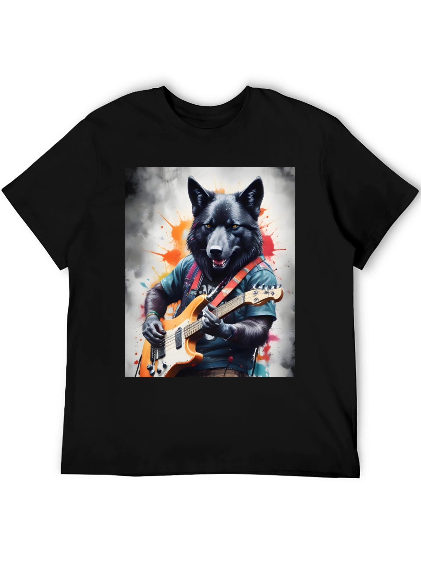 Wolf Guitarist Graphic Tee - Black Unisex T-Shirt