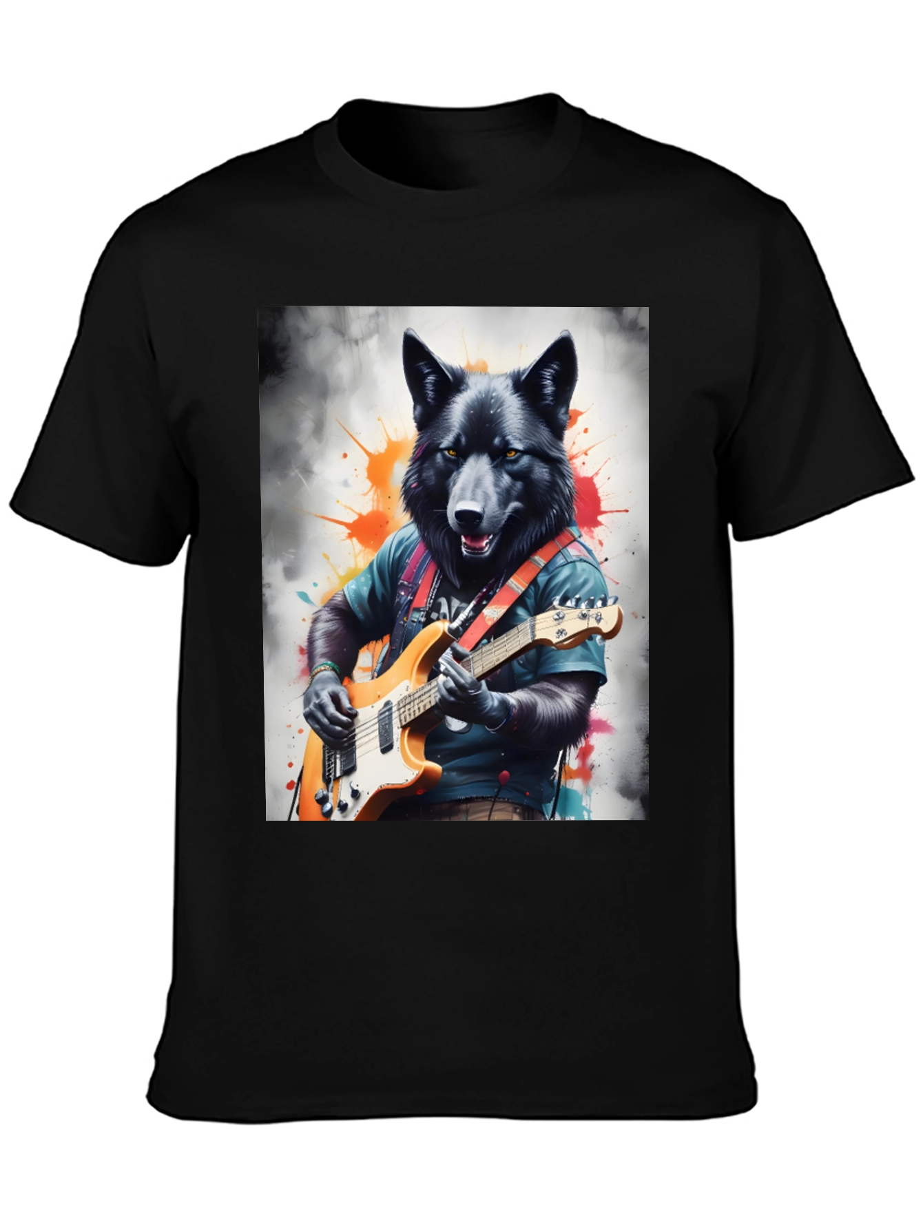 Wolf Guitarist Graphic Tee - Black Unisex T-Shirt