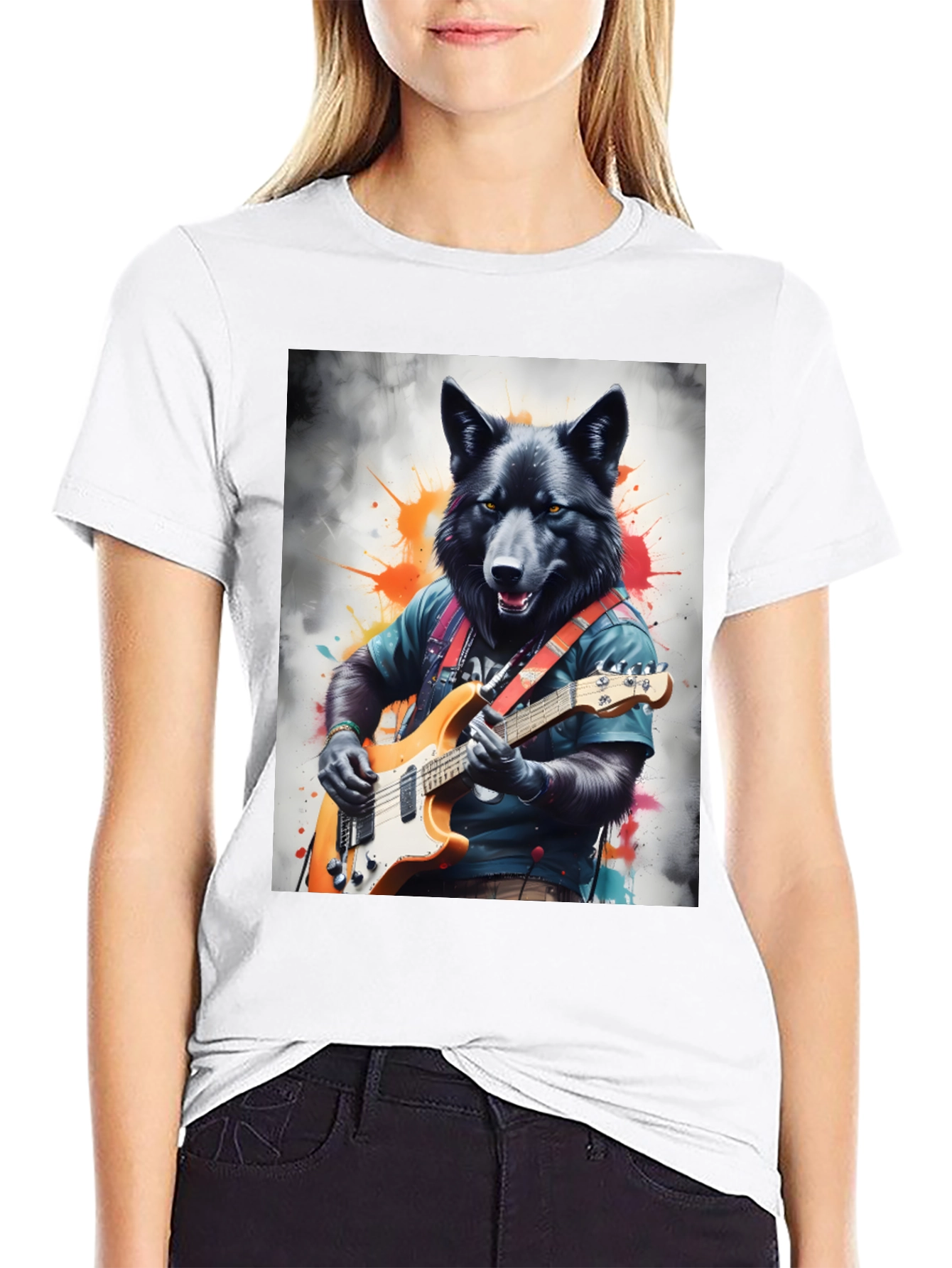 Wolf Guitarist Graphic Tee - Black Unisex T-Shirt