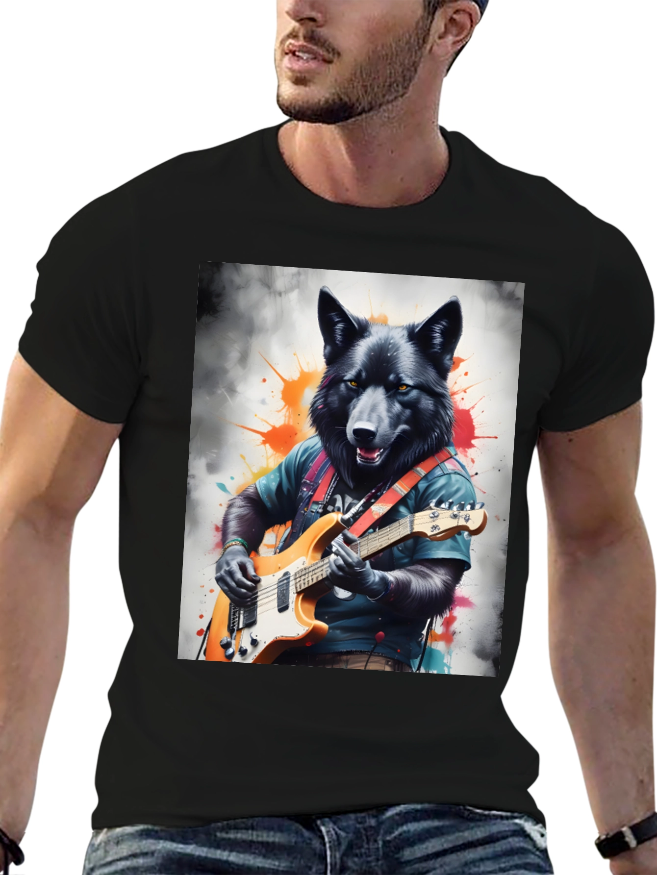 Wolf Guitarist Graphic Tee - Black Unisex T-Shirt