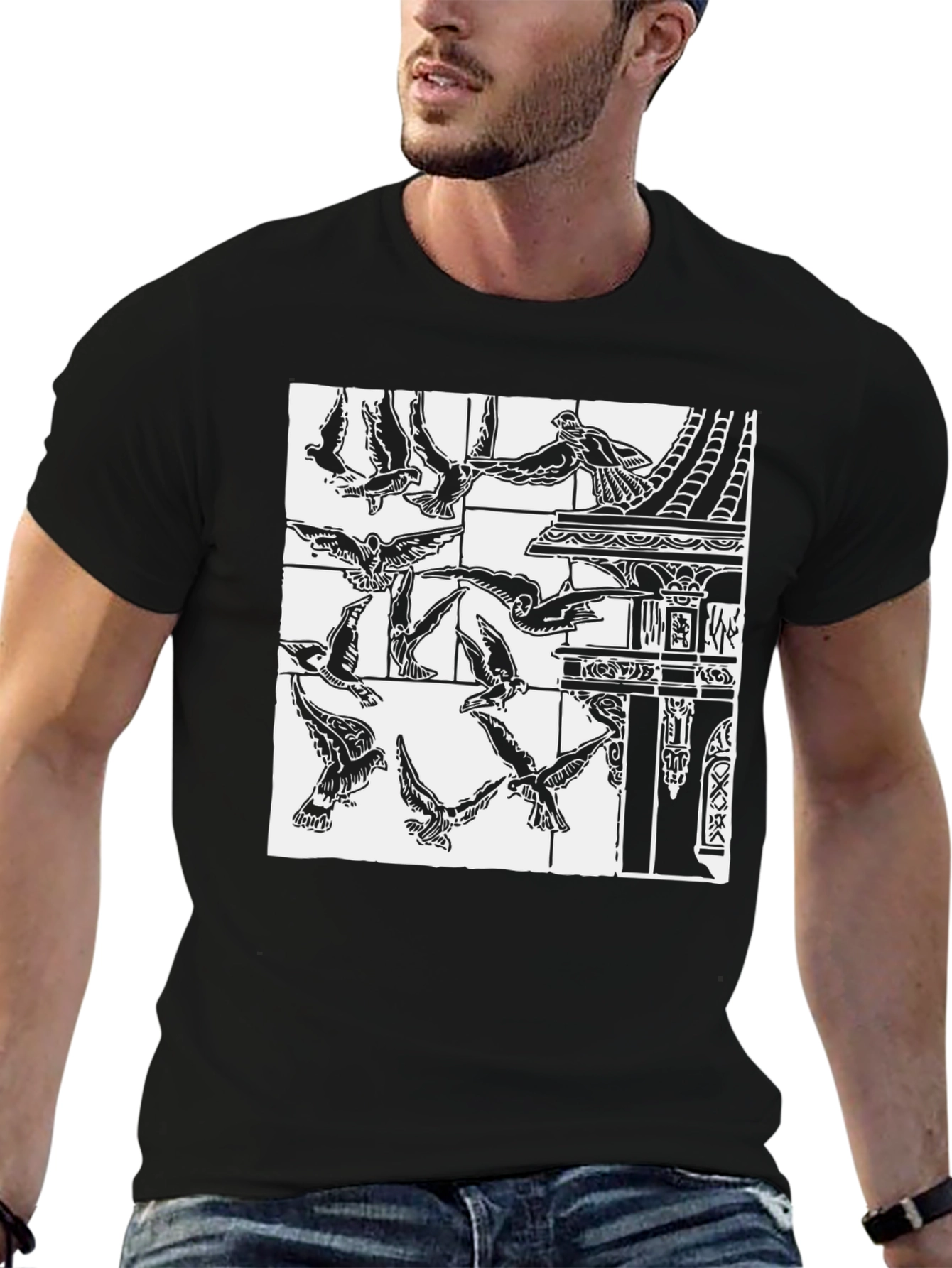 Birds & Architecture Graphic Print T-Shirt