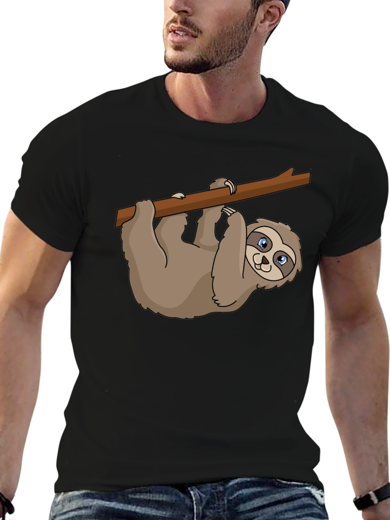 Sloth on Branch Graphic Tee - Casual Black T-Shirt