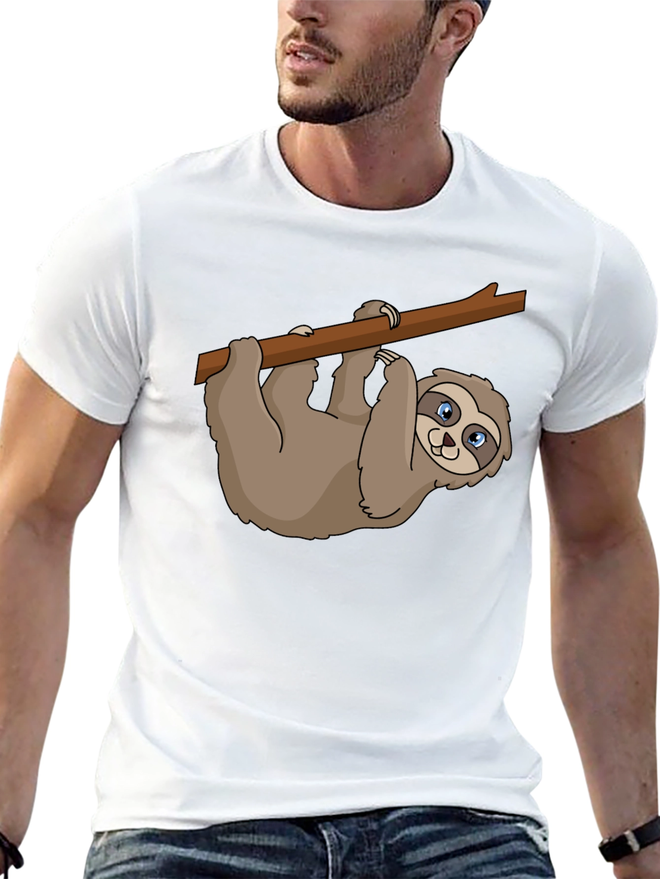 Sloth on Branch Graphic Tee - Casual Black T-Shirt