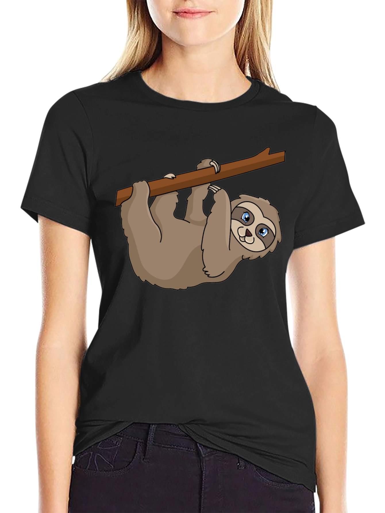 Sloth on Branch Graphic Tee - Casual Black T-Shirt