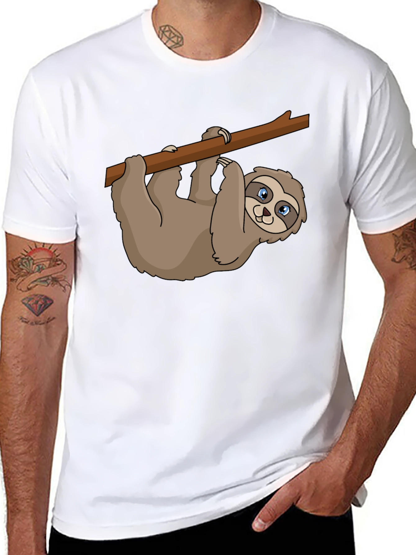 Sloth on Branch Graphic Tee - Casual Black T-Shirt