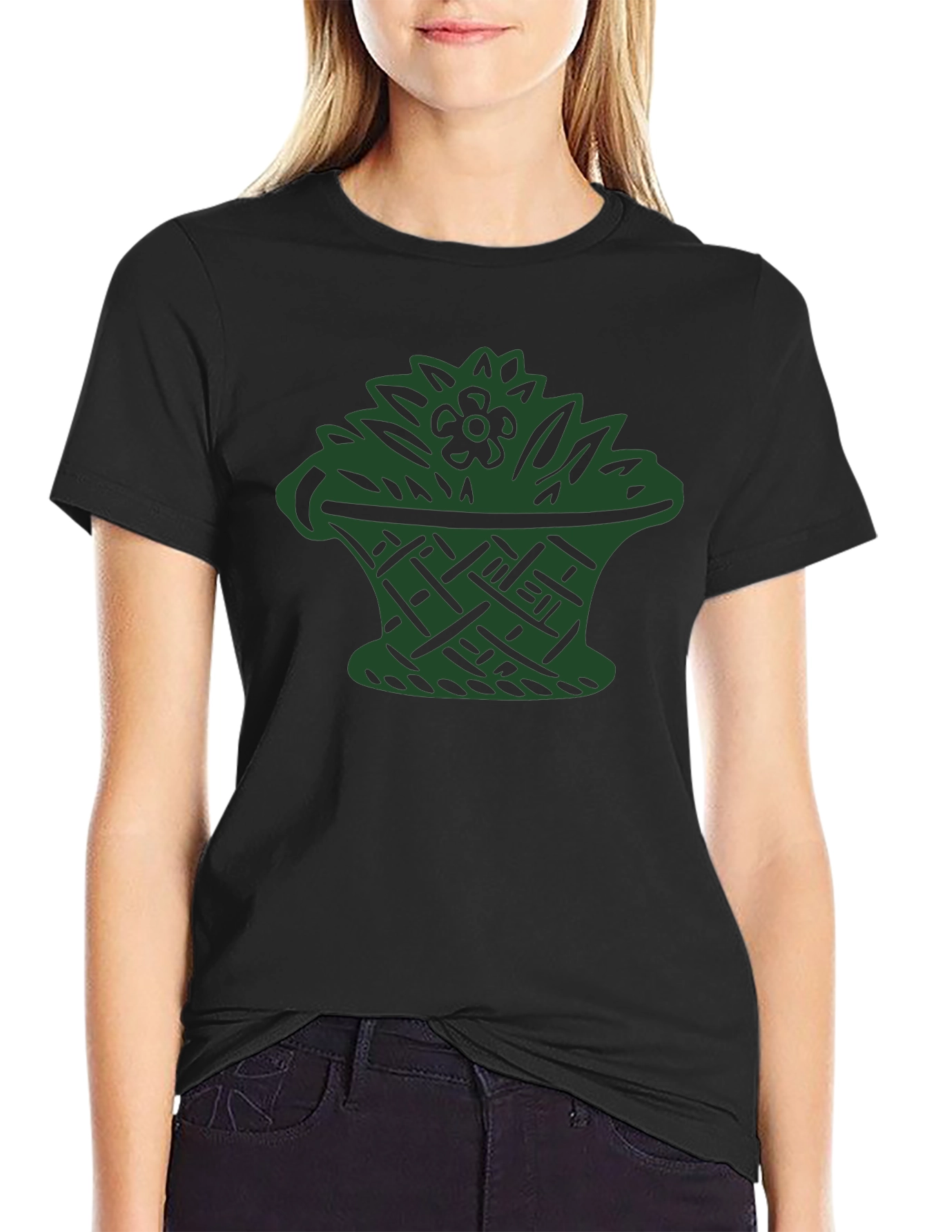 Black T-Shirt with Green Floral Basket Design